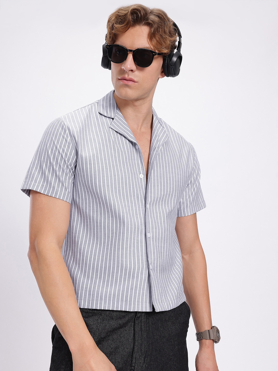 

glitchez Sun-Dipped Stripes Cuban Collar Regular Fit Casual Shirt, Grey