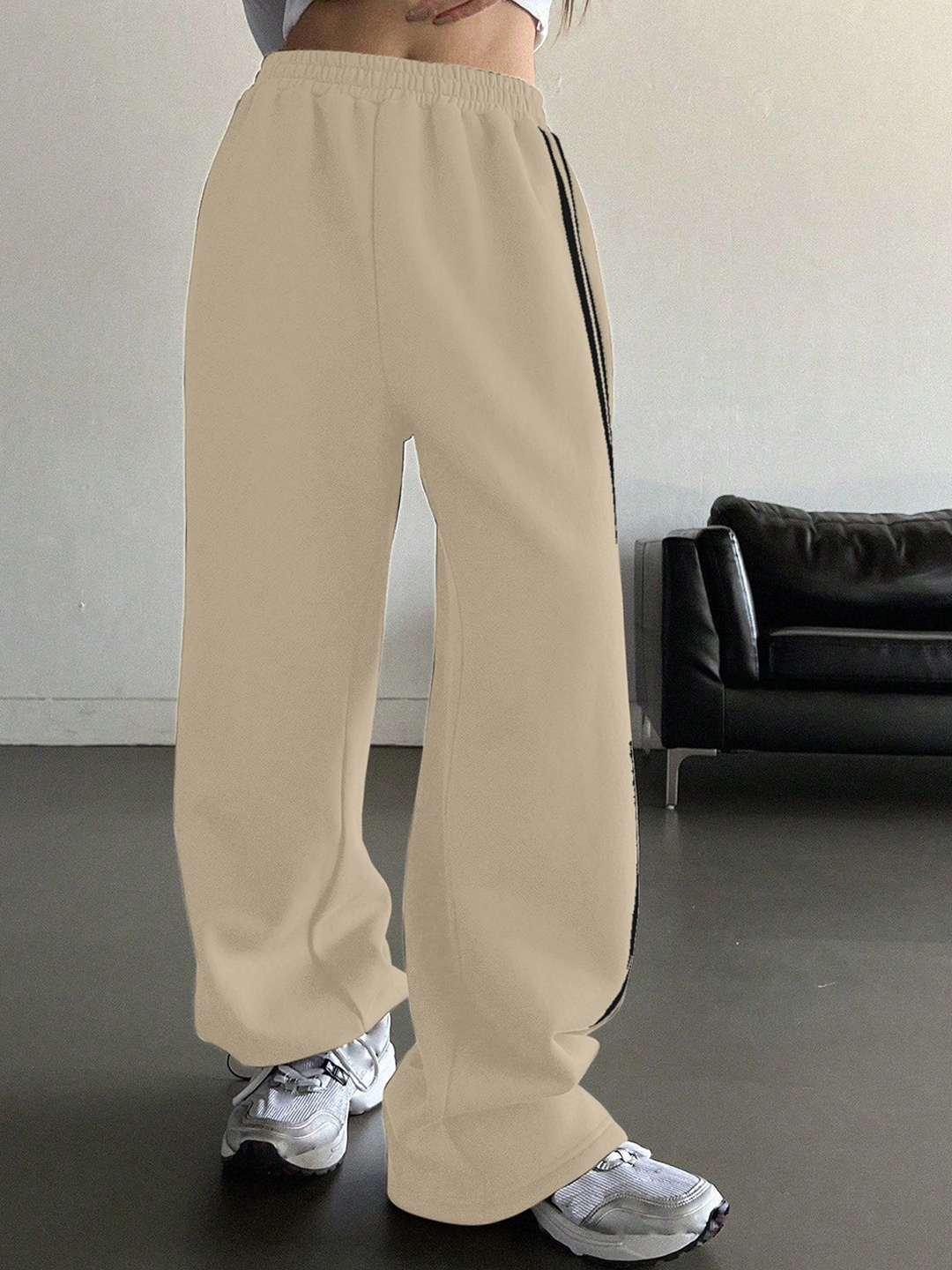 

CORSICA Women Striped Loose Fit High-Rise Joggers Trousers, Beige