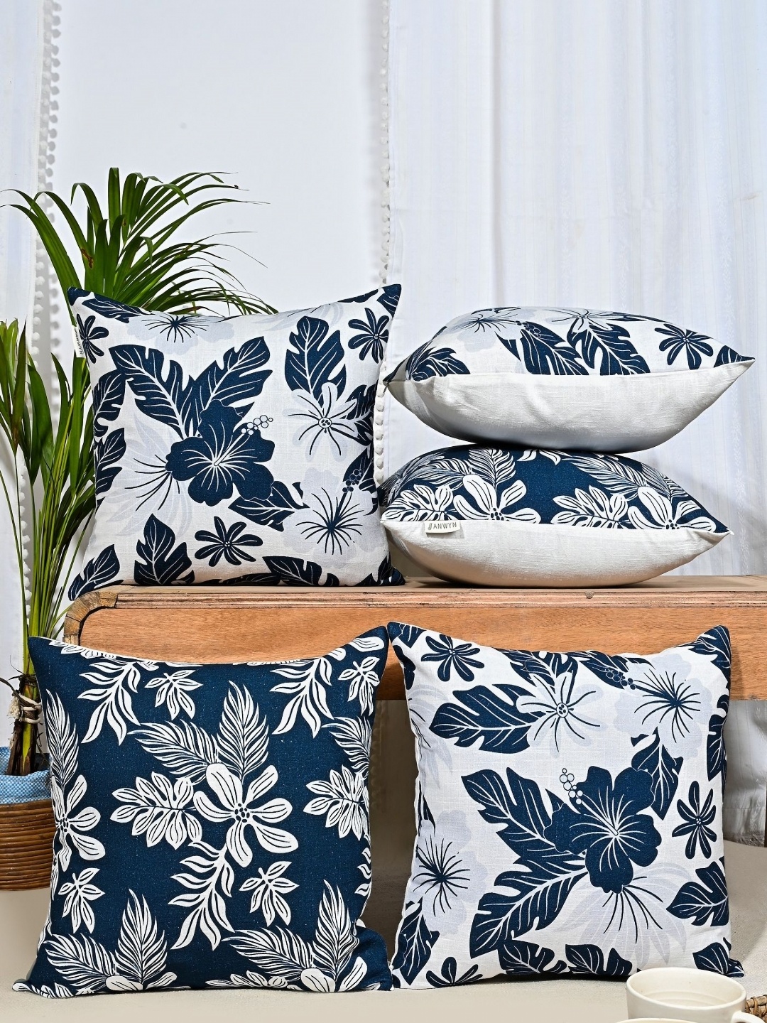 

ANWYN Blue & White 5 Pieces Floral Printed Cotton Square Cushion Covers