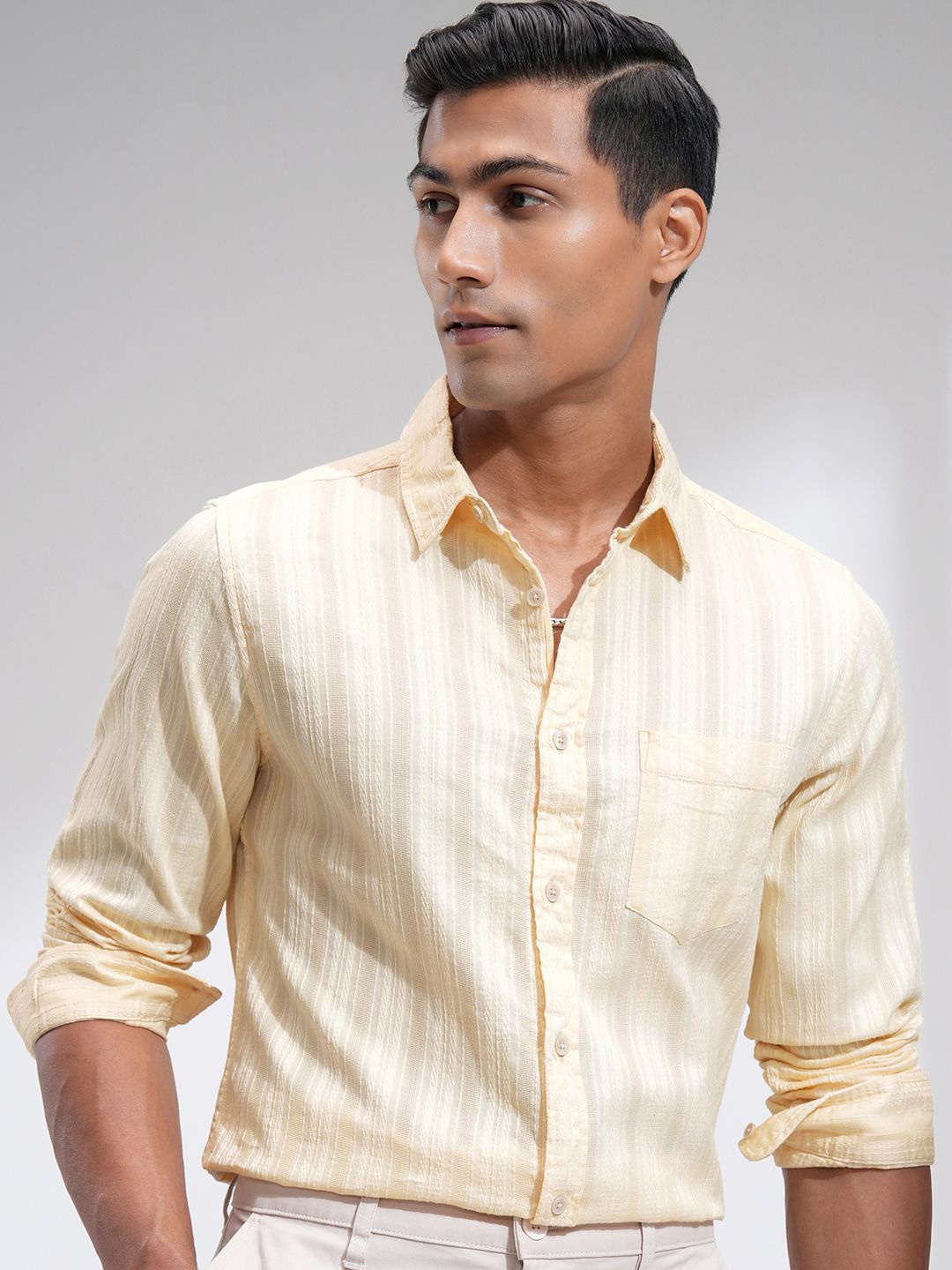 

HIGHLANDER Men Spread Collar Textured Cotton Casual Shirt, Cream