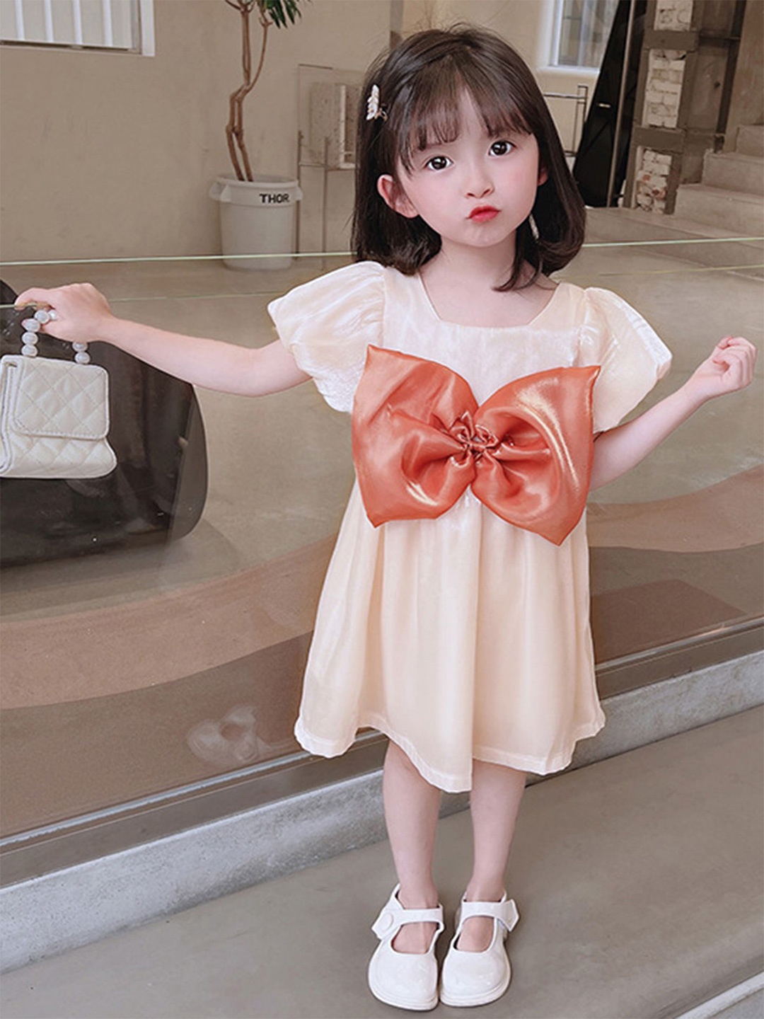 

LULU & SKY Girls Solid Square Neck fit & Flare Puff Sleeve Dress, Beige