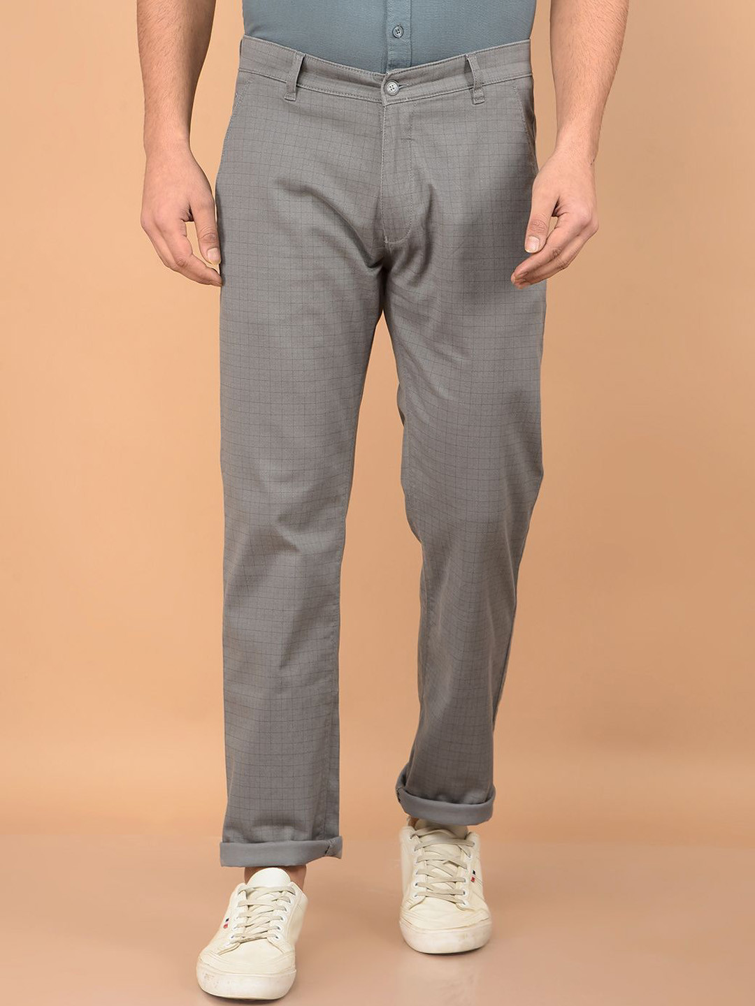 

Crimsoune Club Men Textured Printed Smart Straight Fit Chinos Trousers, Grey