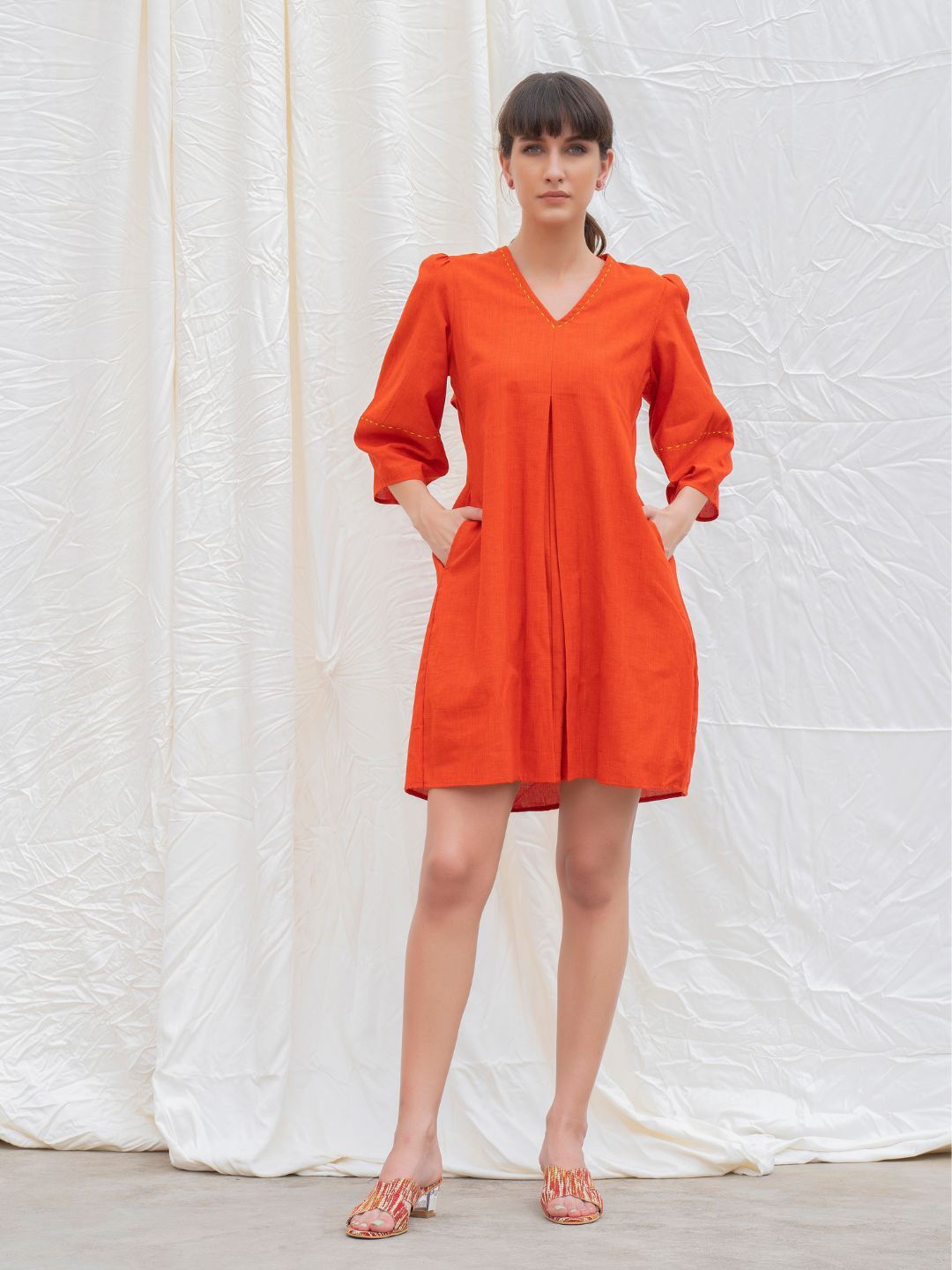 

Abhishti Women Orange Rust Cotton Mangalgiri Box Pleated Dress