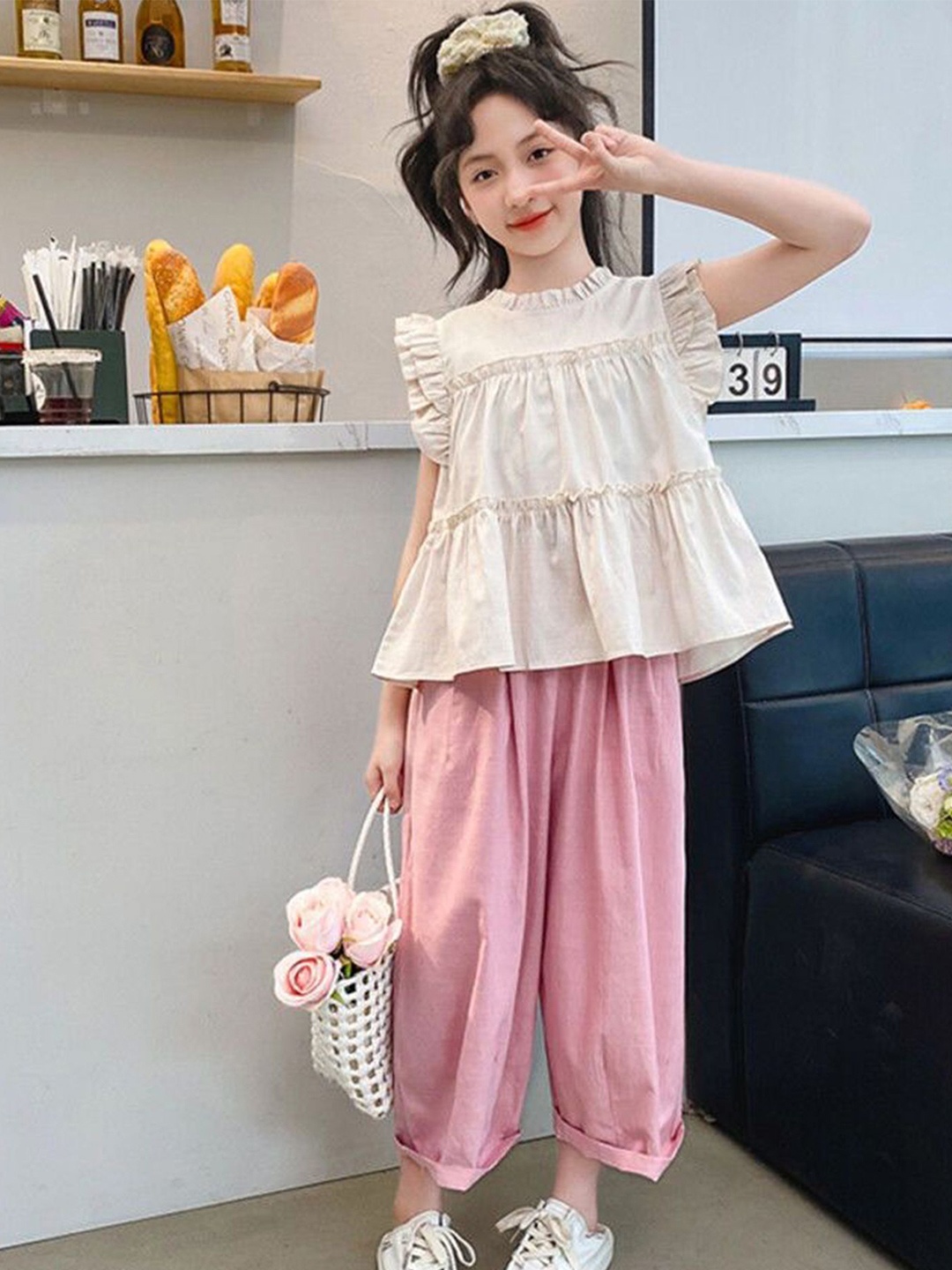 

LULU & SKY Girls Round Neck Top With Trousers, Beige
