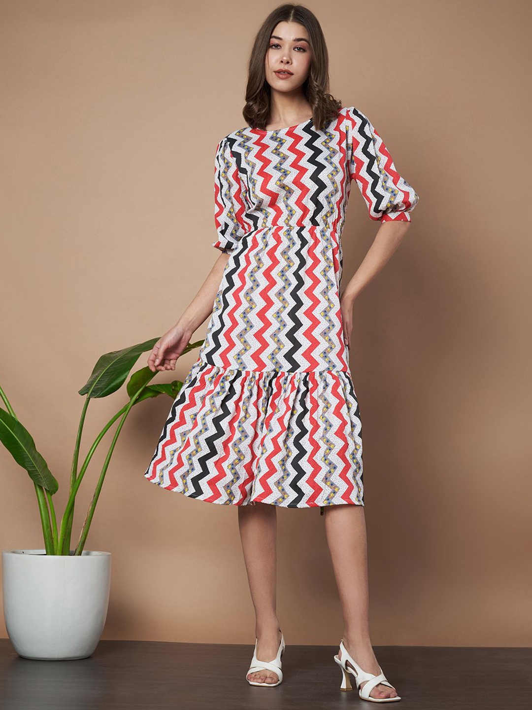 

Istyle Can Women Printed Puff Sleeves Fit & Flare Midi Dress, Red