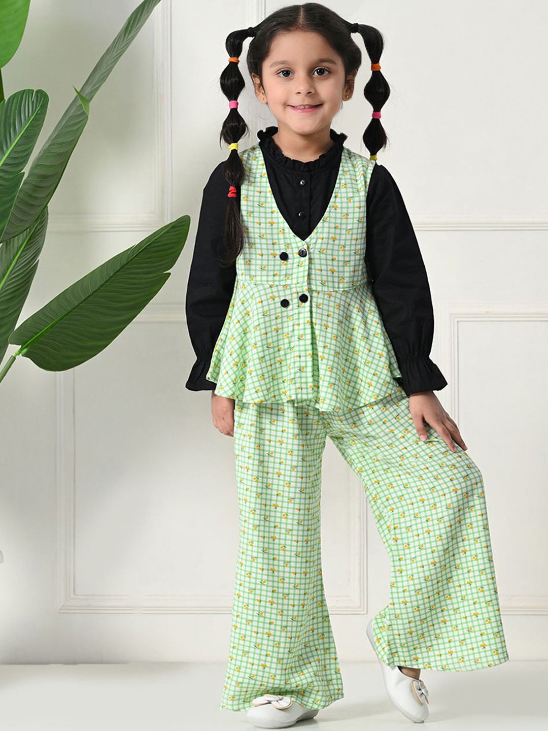 

Bella Moda Girls Printed V-Neck Pure Cotton Top With Trouser And Jacket, Green