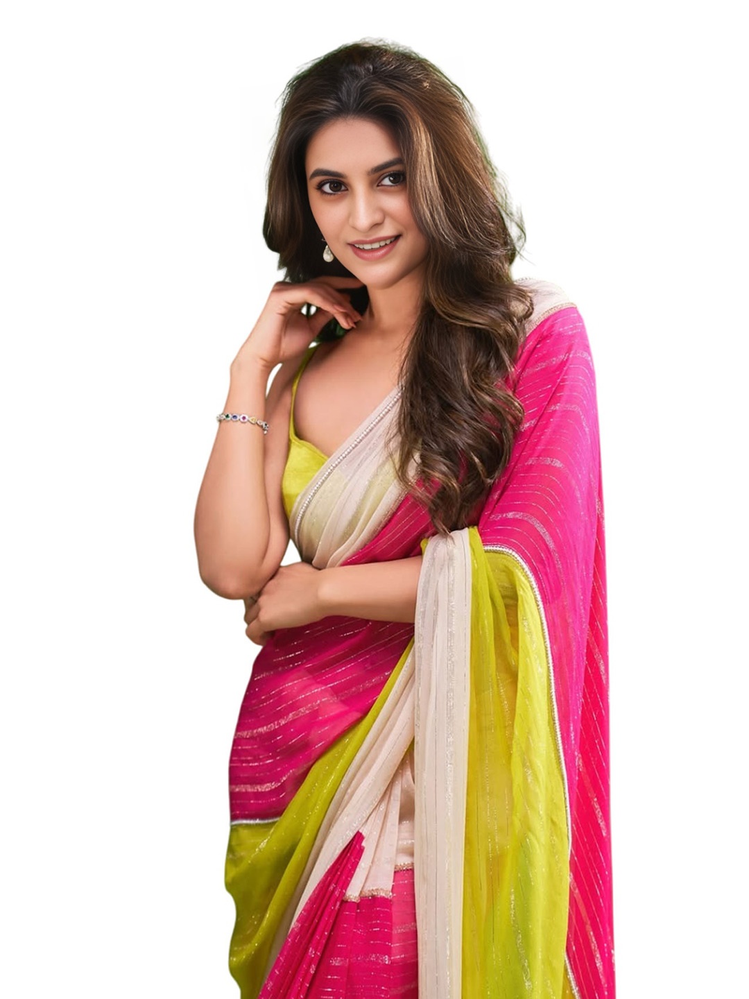 

HMP Fashion Colourblocked Beads and Stones Poly Georgette Fusion Saree, White
