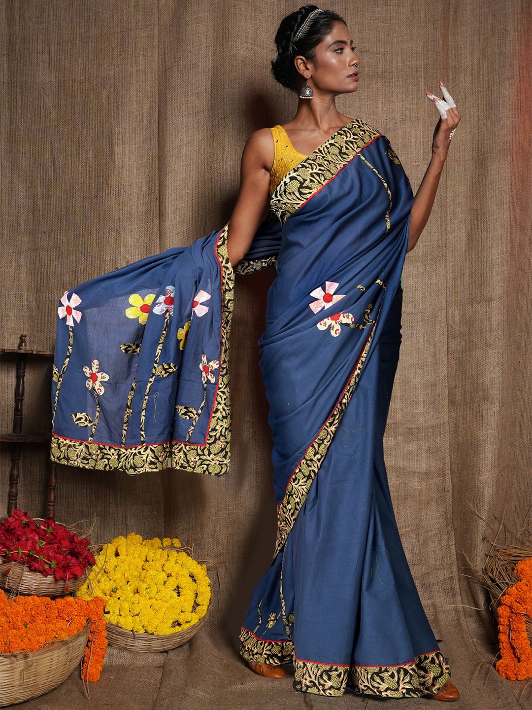 

Unnati Silks Floral Embroidered Pure Cotton Saree, Navy blue