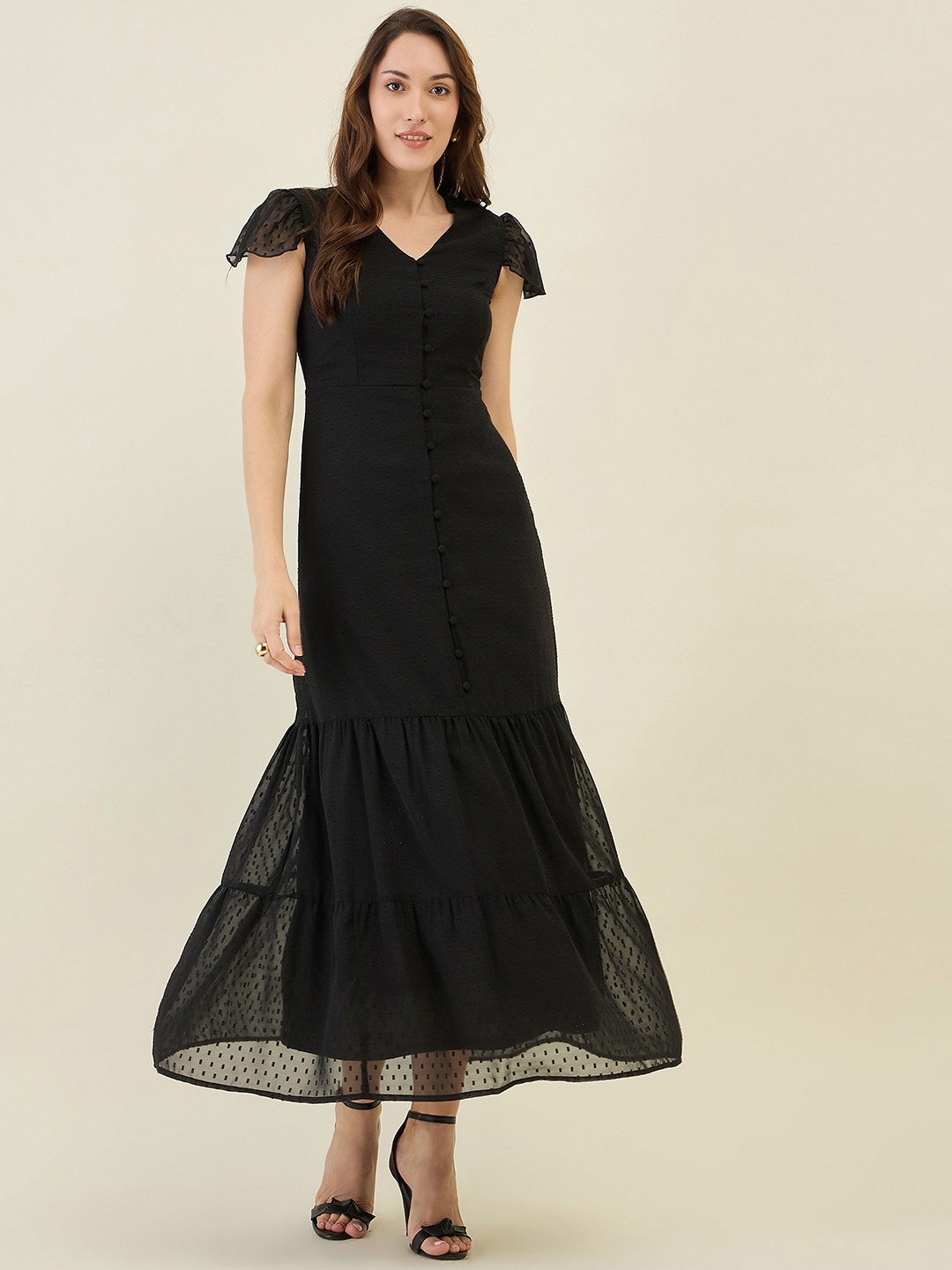 

aayu Women Georgette Drop Waist Maxi Tiered Dress, Black
