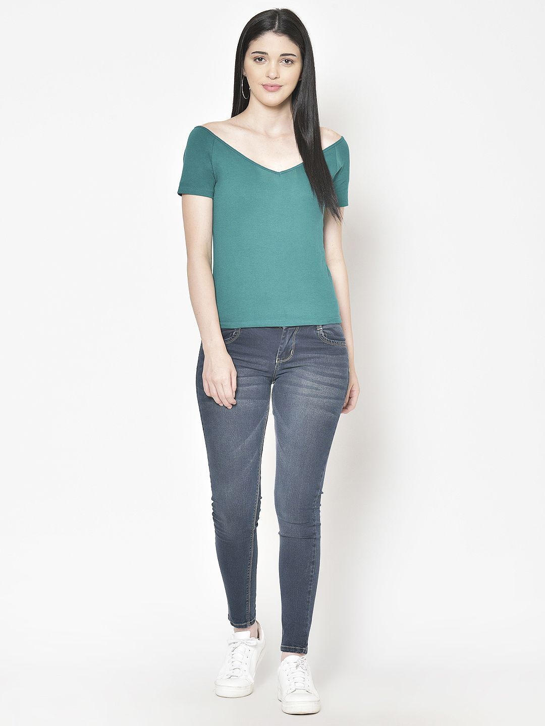 

Moda Rapido Solid Cotton V-Neck RegularTop, Green
