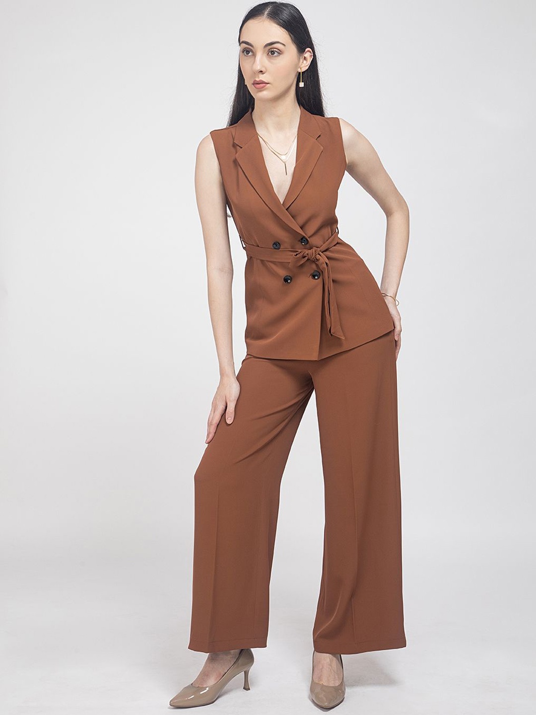 

D'Almirah V Neck Top With Trousers Co-Ords Set, Coffee brown