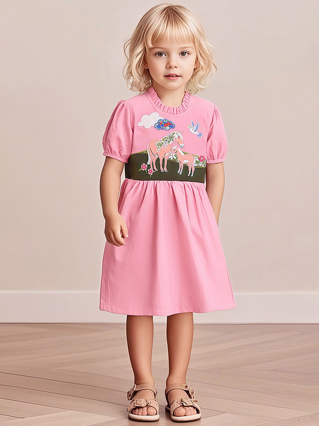 

LULU & SKY Girls Puff Sleeves Fit and Flare Dress, Pink