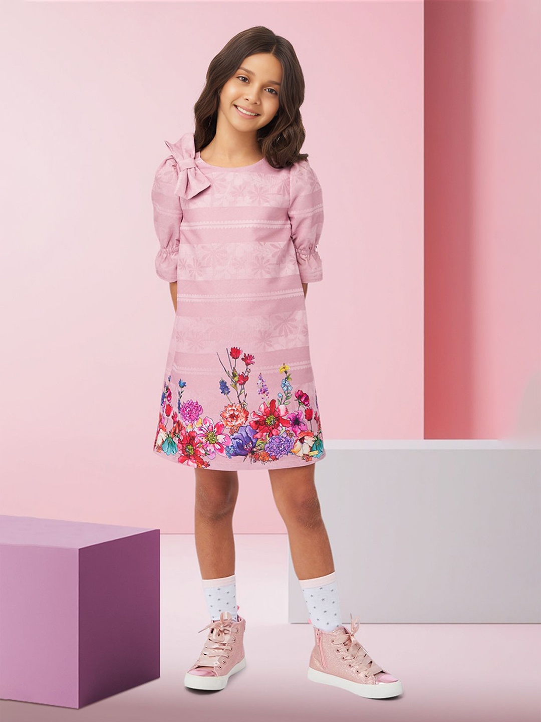 

FOREVER FRIDAY Girls Floral Printed Puff Sleeves A-Line Above Knee Dress, Pink