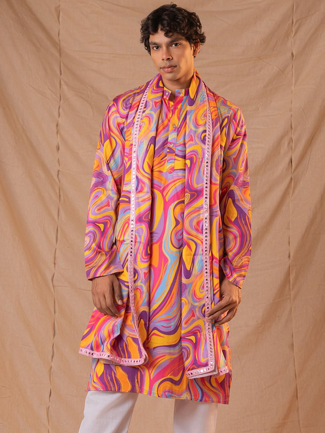 

5 Stitch Quirky Printed Band Collar Straight Kurta With Trousers And Dupatta, Pink