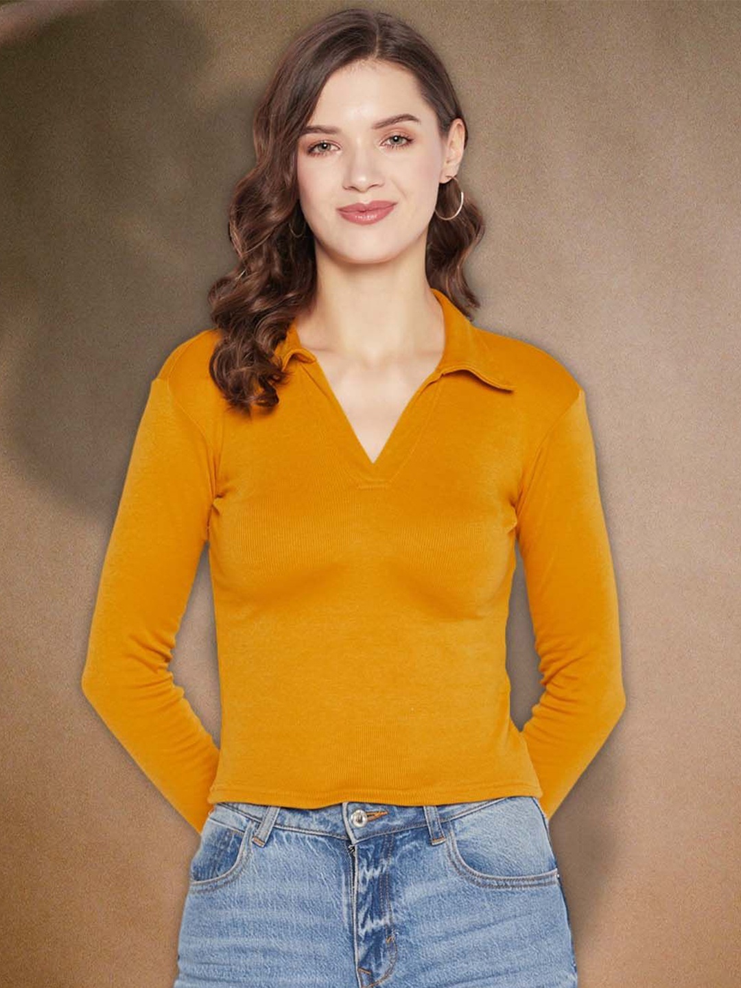 

Moda Rapido Women Ribbed Ribbed Shirt Collar Top, Mustard