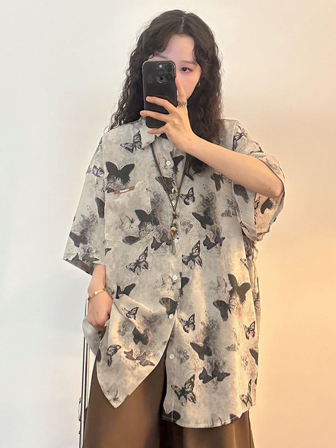

DressBerry Printed Shirt Style Top, Grey