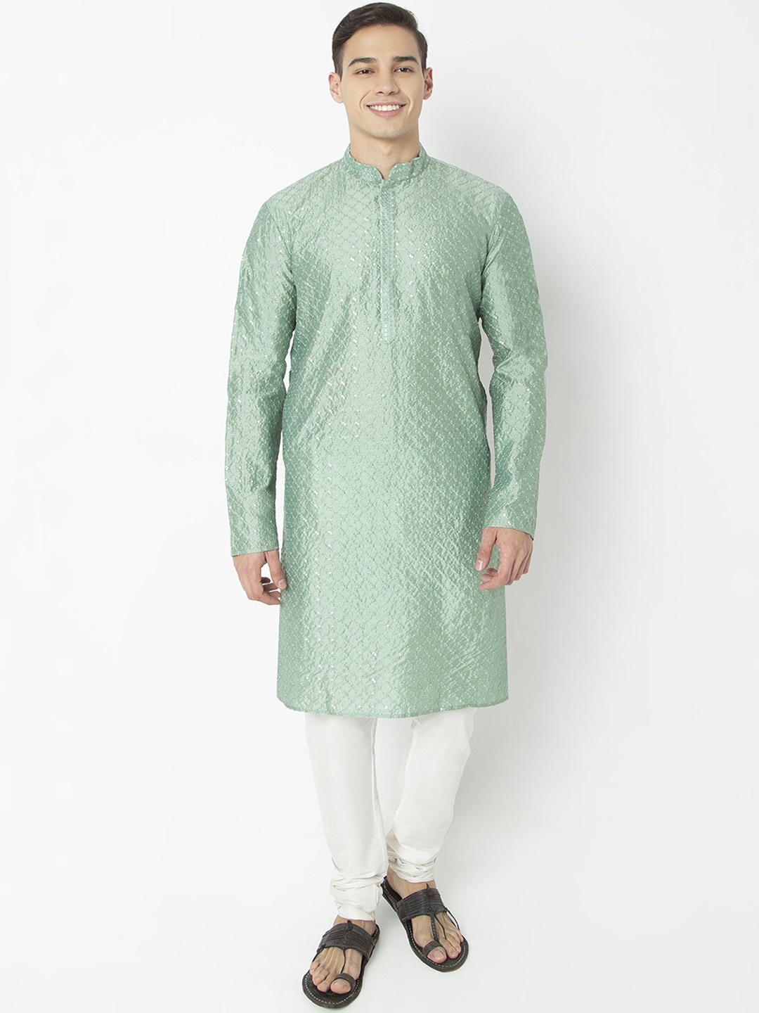 

BELLAZO Floral Embroidered Mandarin Collar Chikankari Straight Kurta, Green