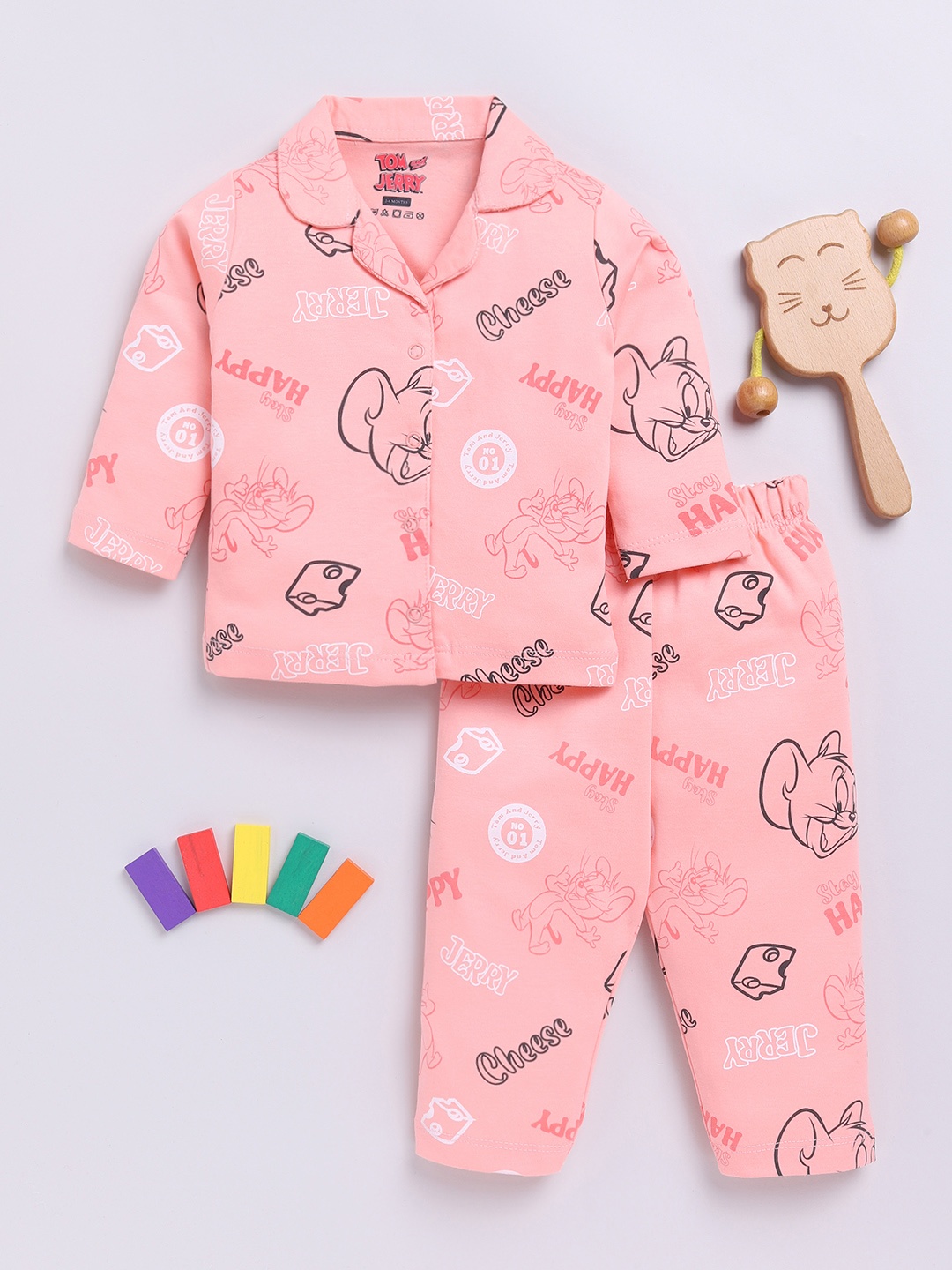 

YK X Tinyo Boys Cartoon Characters Printed Shirt and Pyjamas Night suit, Peach