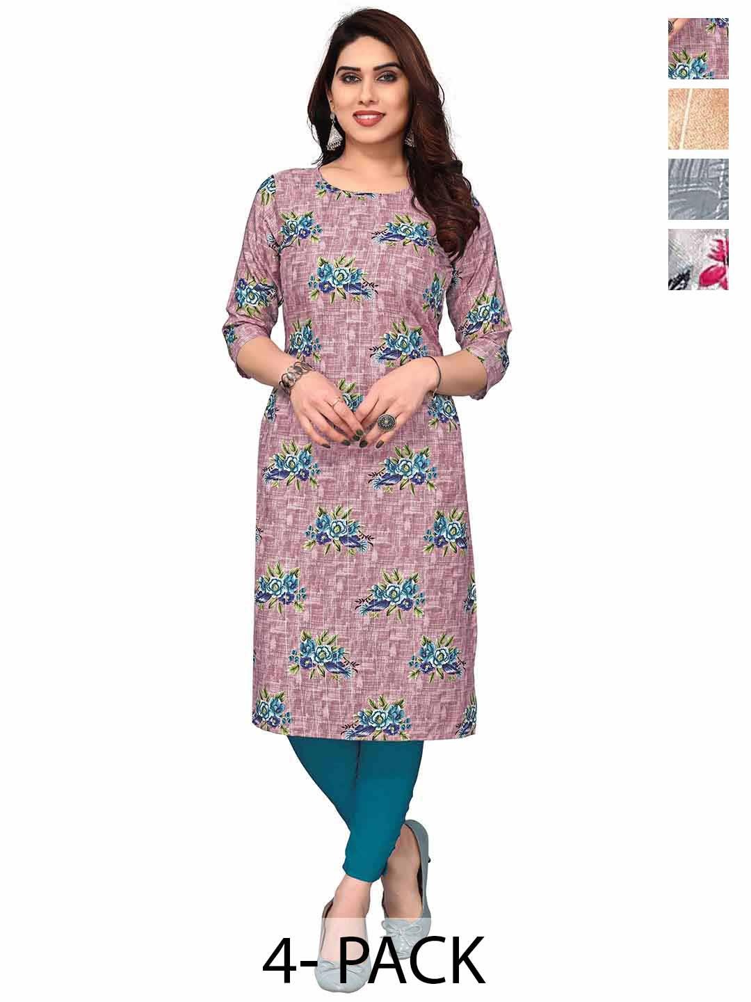 

KETAKI FASHION Selection Of 4 Floral Printed Straight Kurtas, Peach