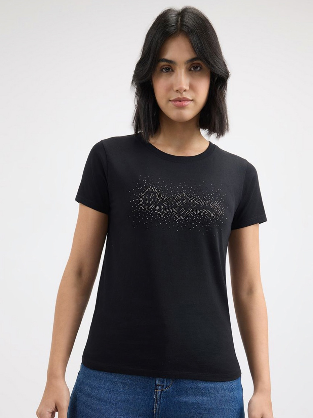 

Pepe Jeans Women Typography Printed Round Neck Cotton T-shirt, Black