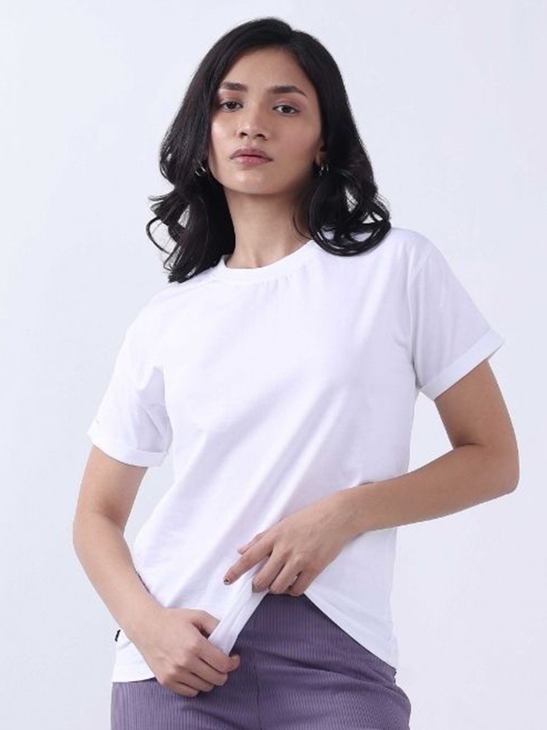 

Bonnaty Women Solid Round Neck Cotton T-shirt, White