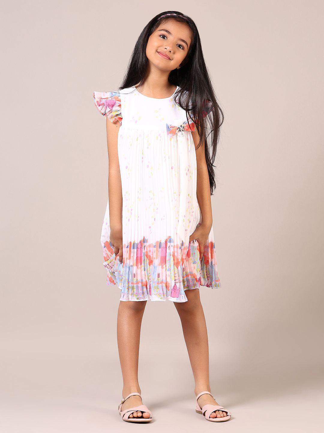 

V-Mart Girl Floral Print Round Neck Flutter Sleeves A-Line Above Knee Dress, White