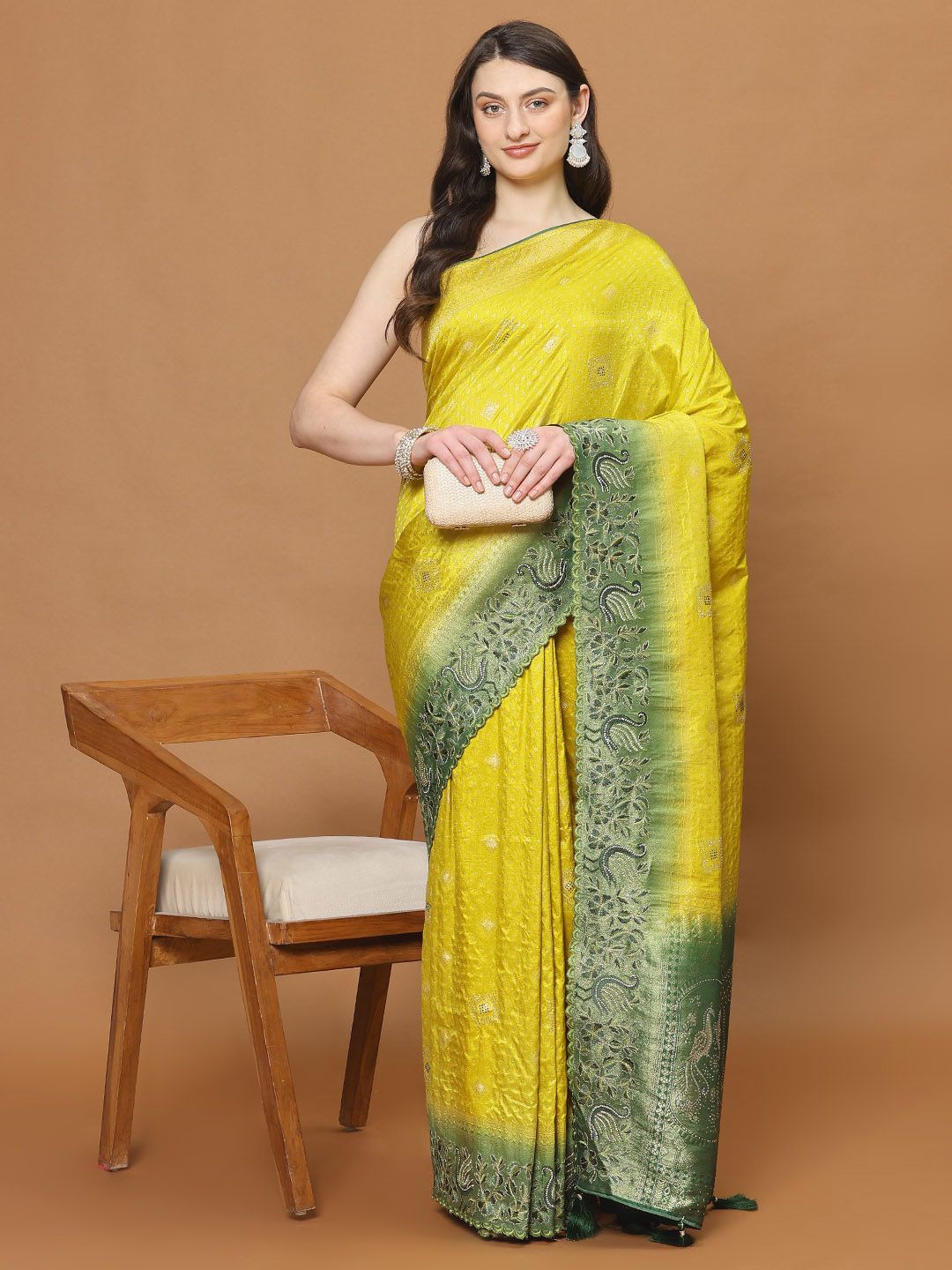 

Meena Bazaar Woven Design Zari Saree, Lime green