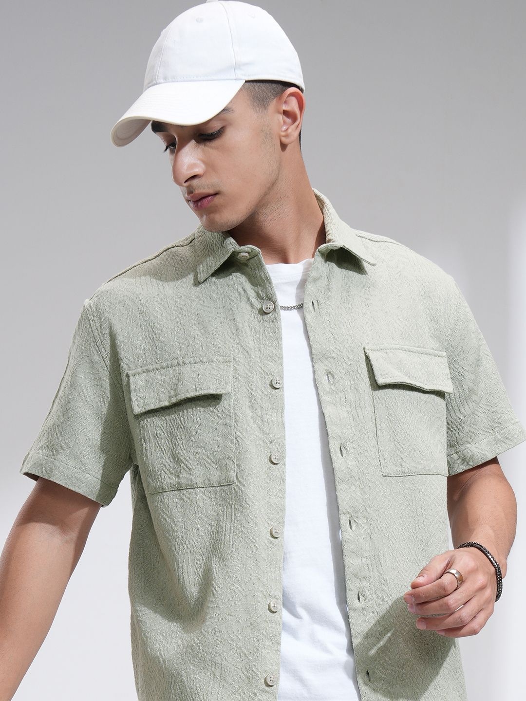 

HIGHLANDER Men Oversized Fit Spread Collar Textured Cotton Casual Shirt, Green