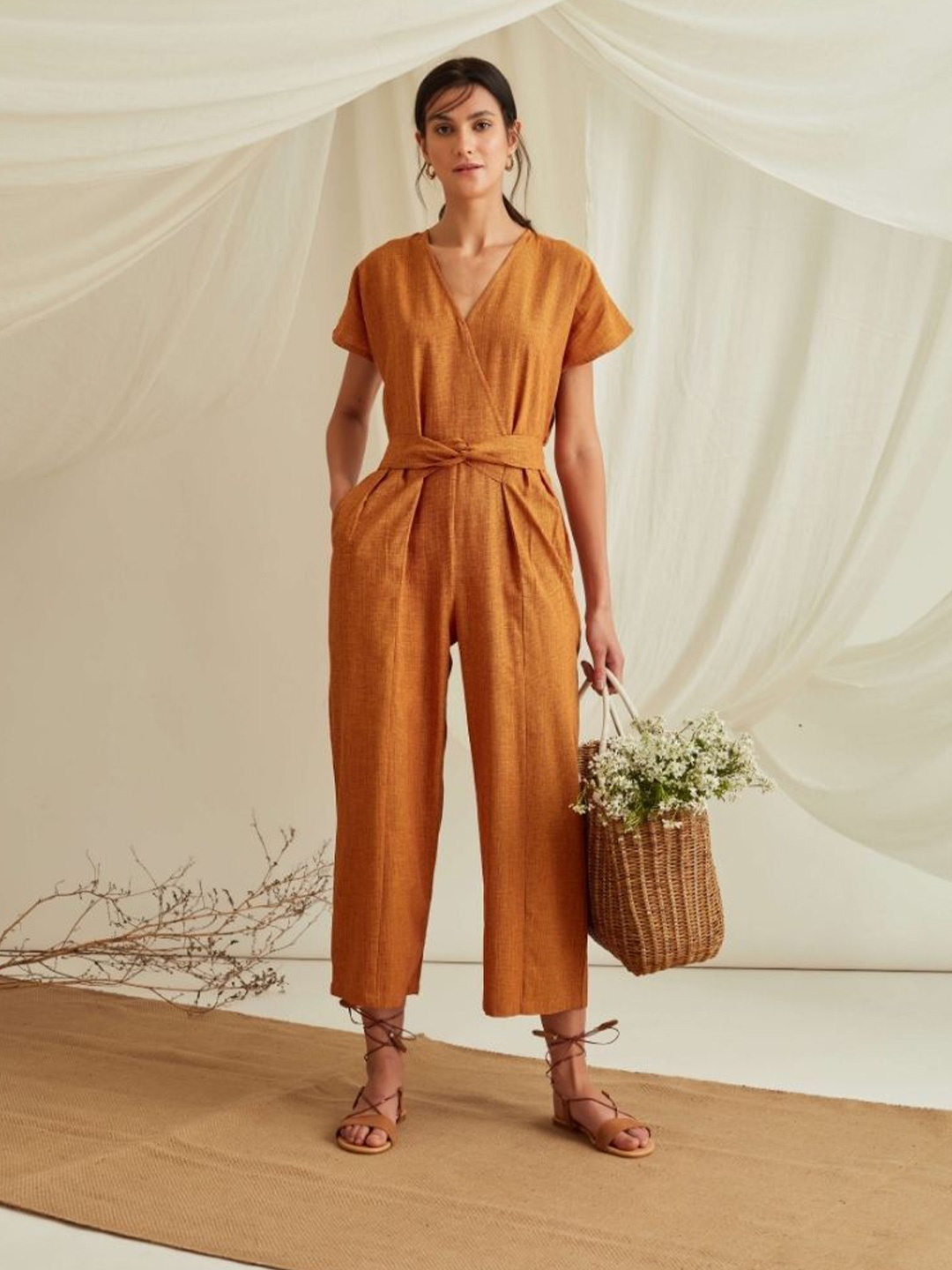 

Abhishti Women Overlapped Neckline Belted Jumpsuit Mustard, Yellow