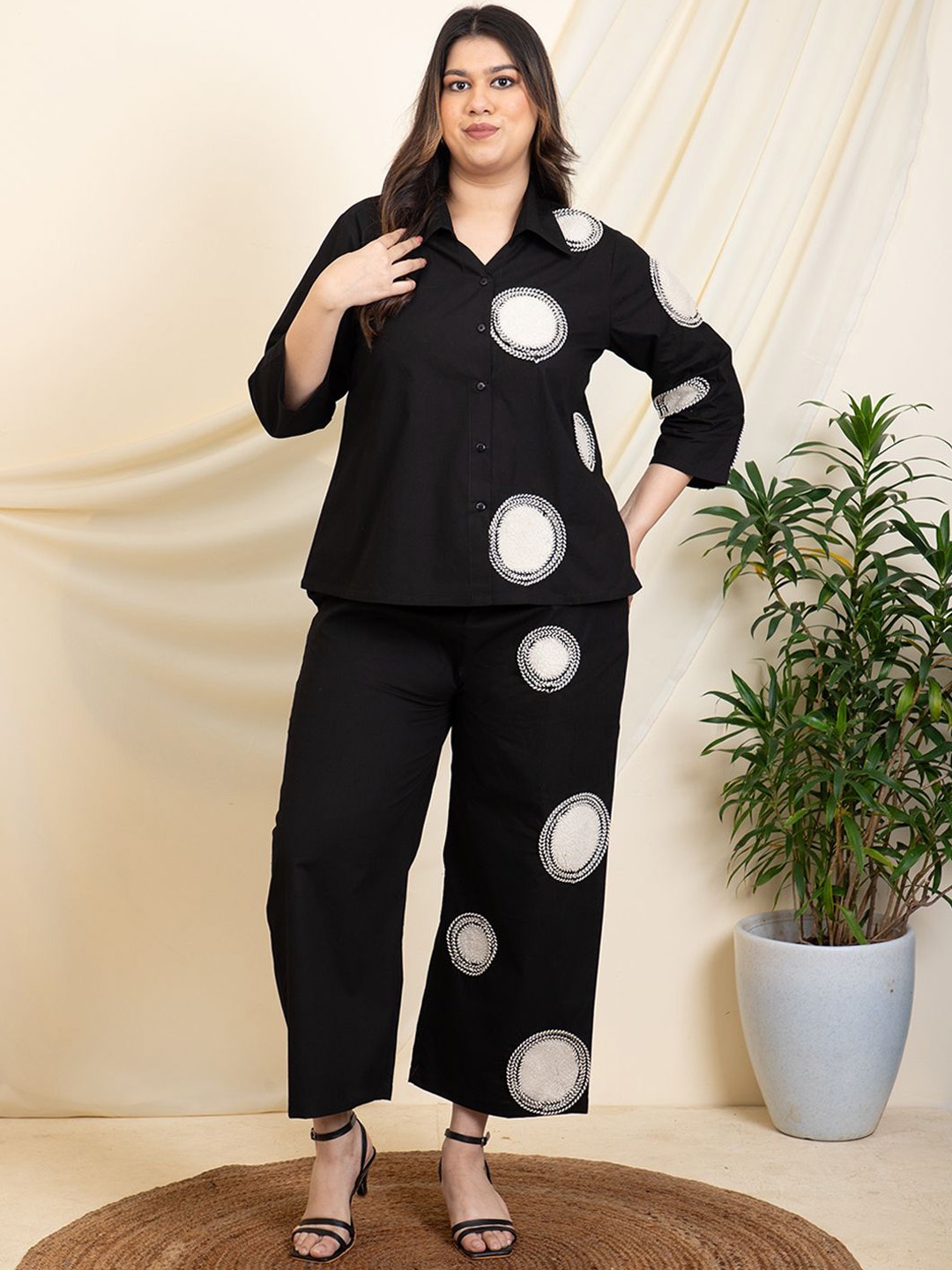 

DEEBACO Plus Size Shirt Collar Patchwork Pure Cotton Shirt With Trousers, Black