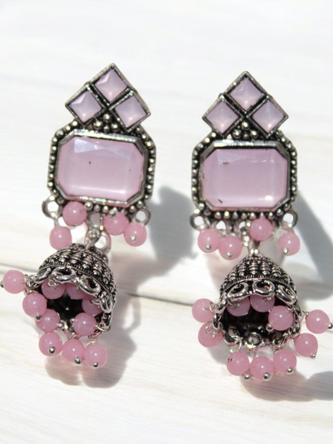 

Jolly Faces Artificial Stones Studded And Beaded Dome Shaped Oxidised Jhumkas, Silver