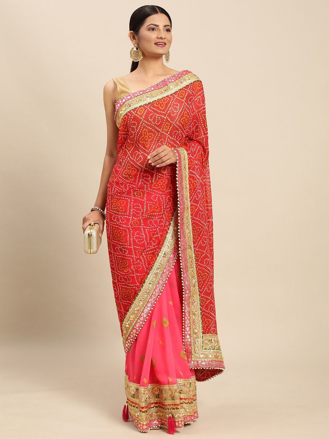 

DIVASTRI Bandhani Gotta Patti Bandhani Saree, Pink