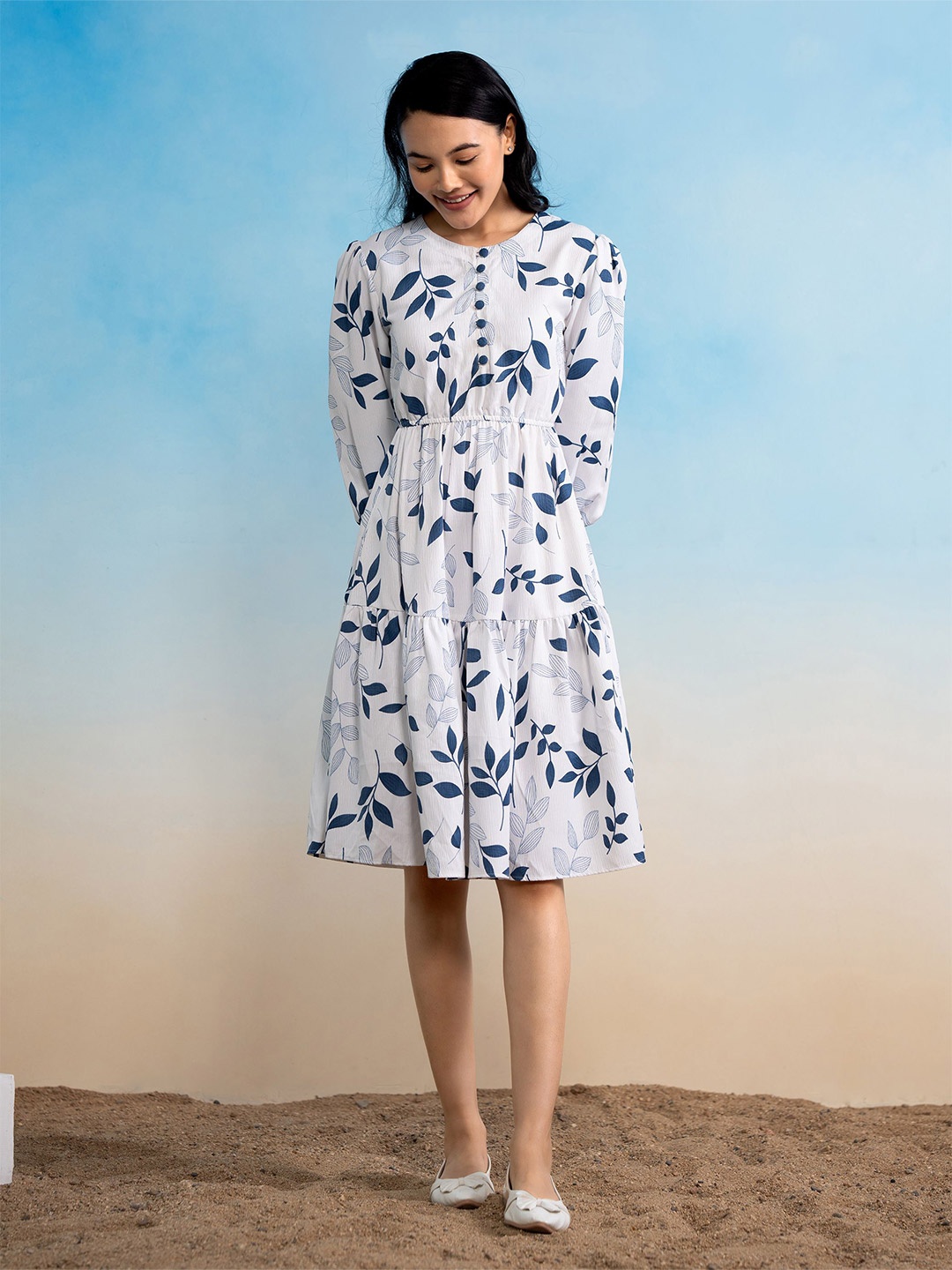 

DressBerry Floral Print Puff Sleeve Crepe Fit & Flare Dress, Teal