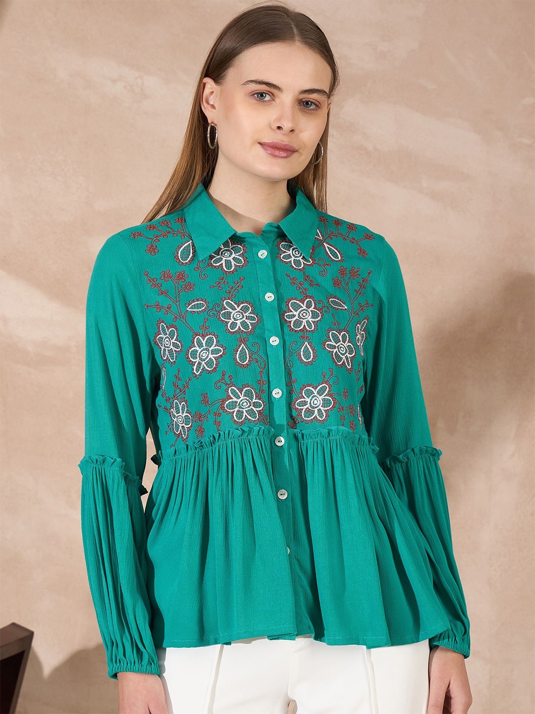 

all about you Women Floral Embroidered Shirt Collar Top, Green