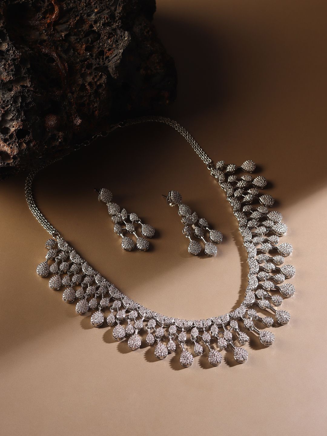 

RHOSYN Rhodium-Plated American Diamond Stone Studded Jewellery Set, Silver