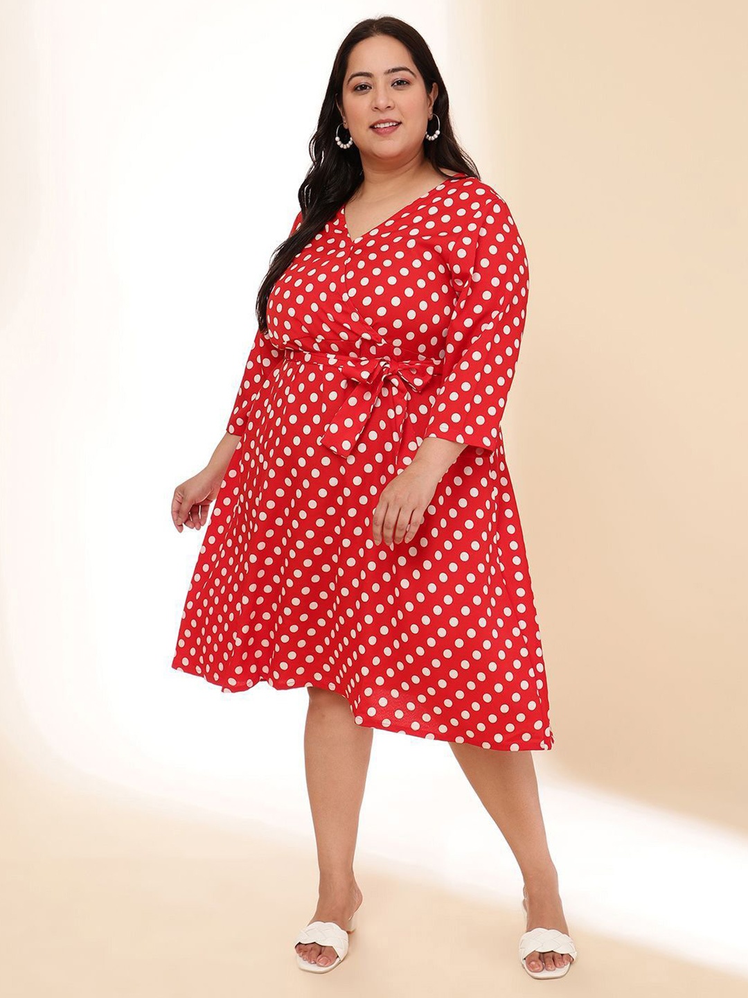 

DressBerry Curve Women Plus Size Polka Dot Printed Wrap Dress, Red