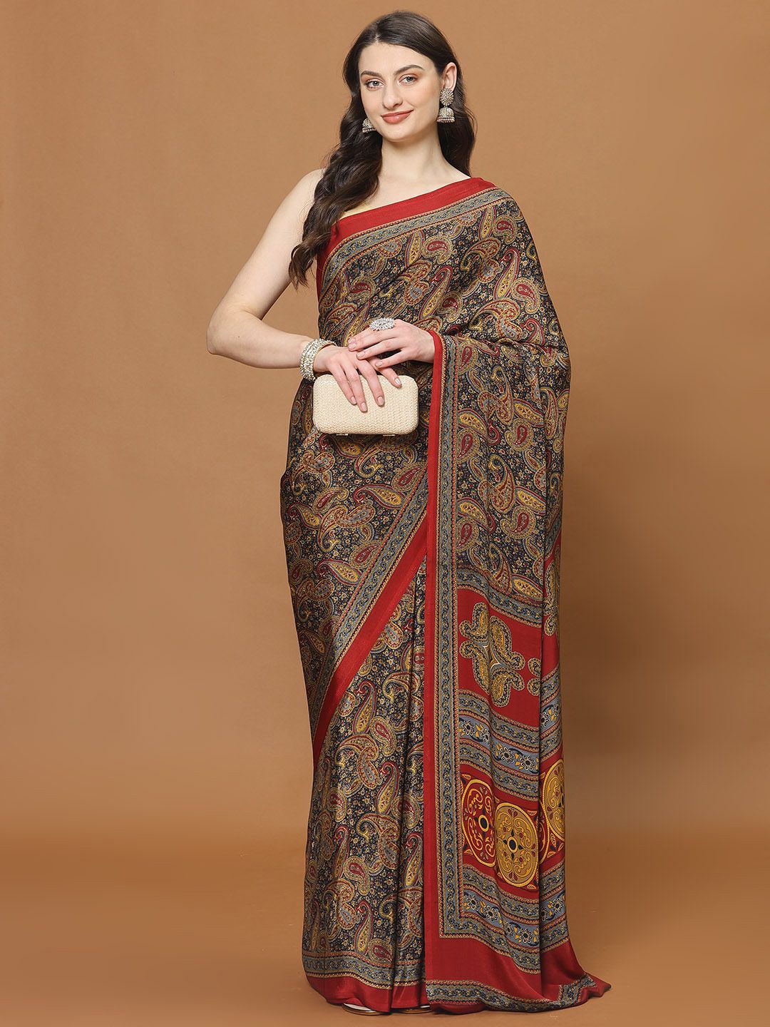 

Meena Bazaar Paisley Poly Crepe Saree, Black
