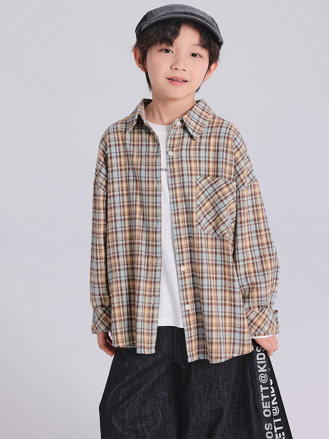 

LULU & SKY Boys Oversized Fit Spread Collar Grid Tattersall Checked Cotton Casual Shirt, Yellow