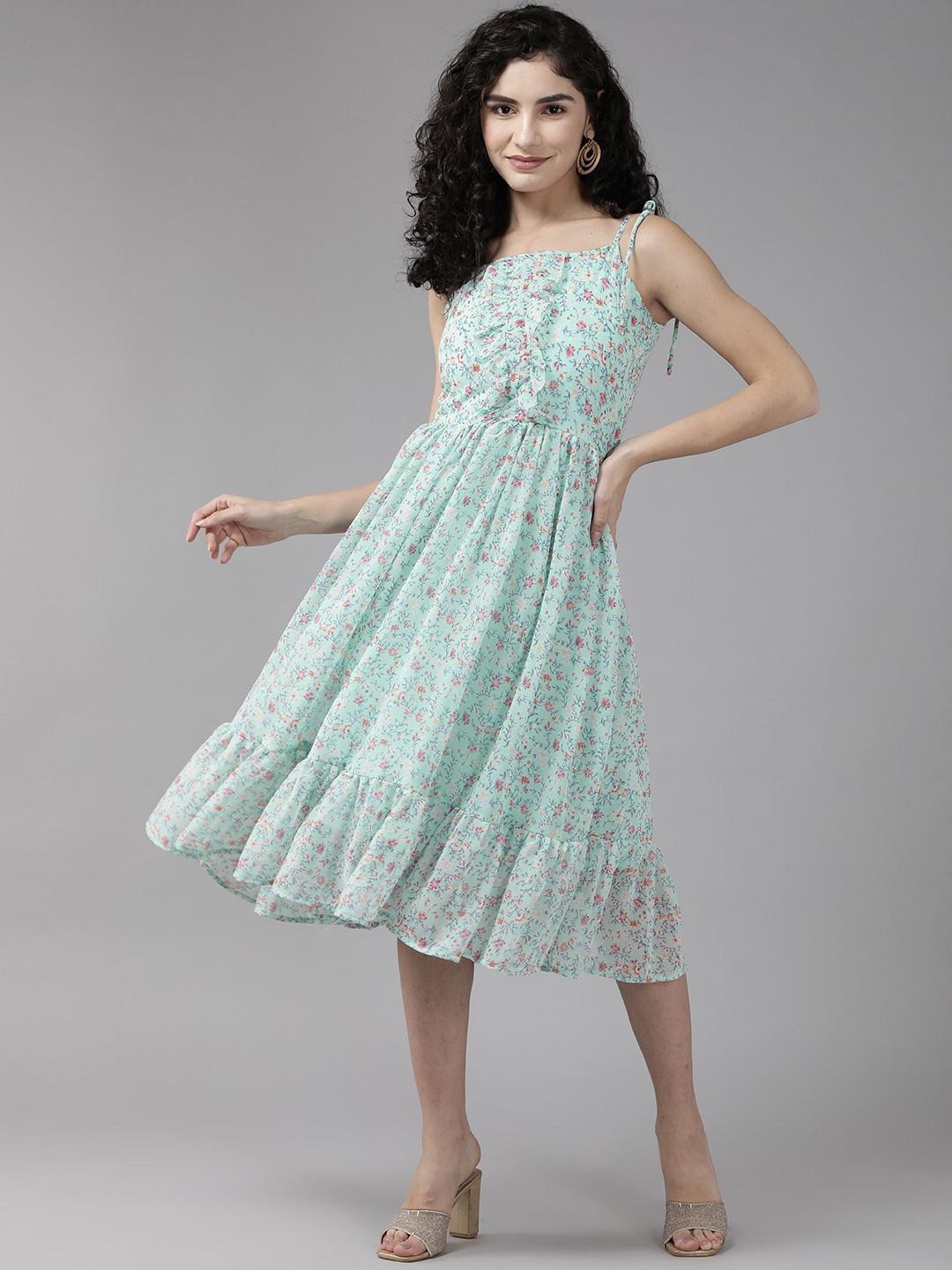 

CORSICA Floral Print Georgette Fit and Flare Dress, Turquoise blue