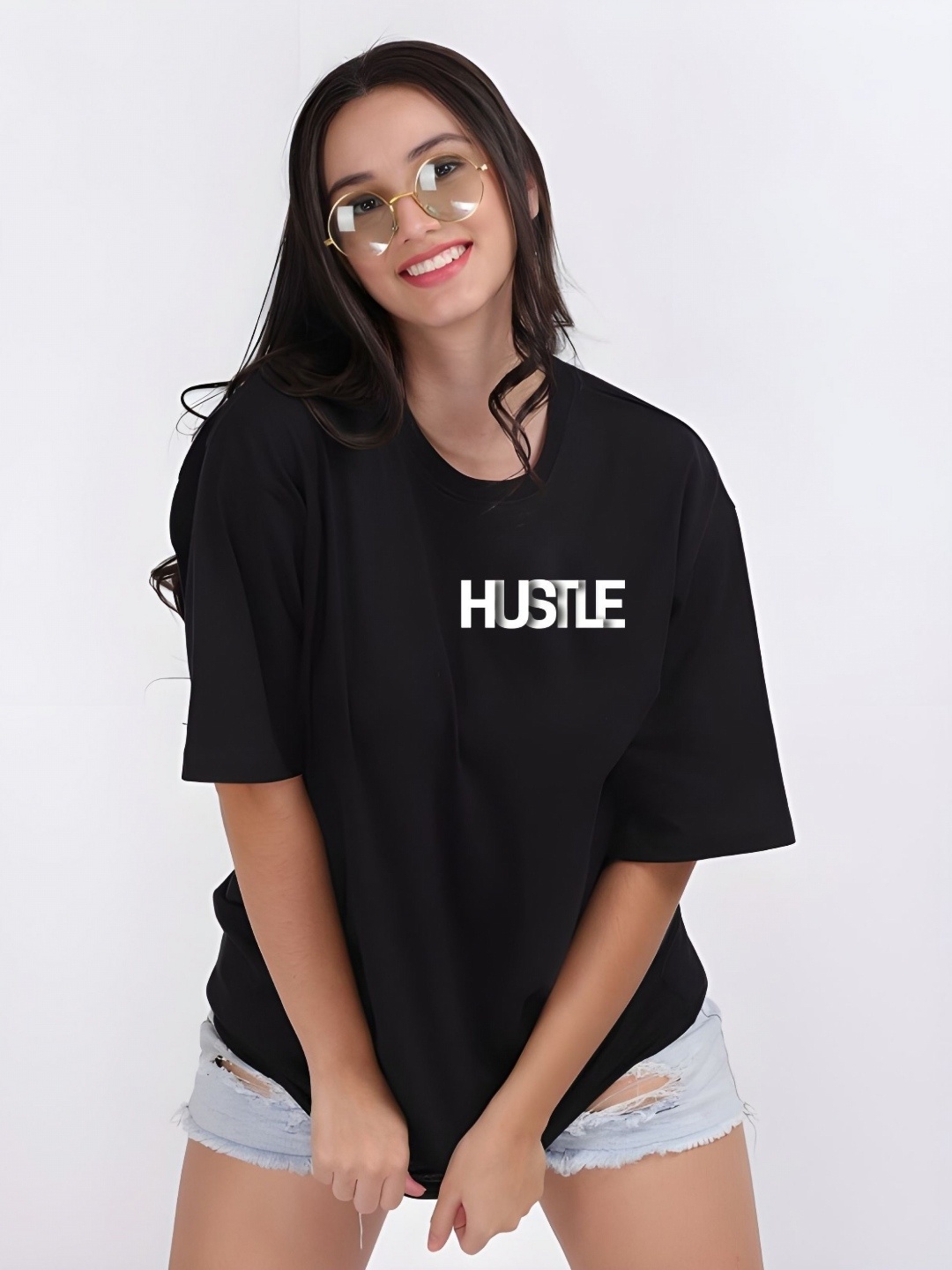 

Moda Rapido Women Typography Printed Round Neck Cotton Oversized T-shirt, Black