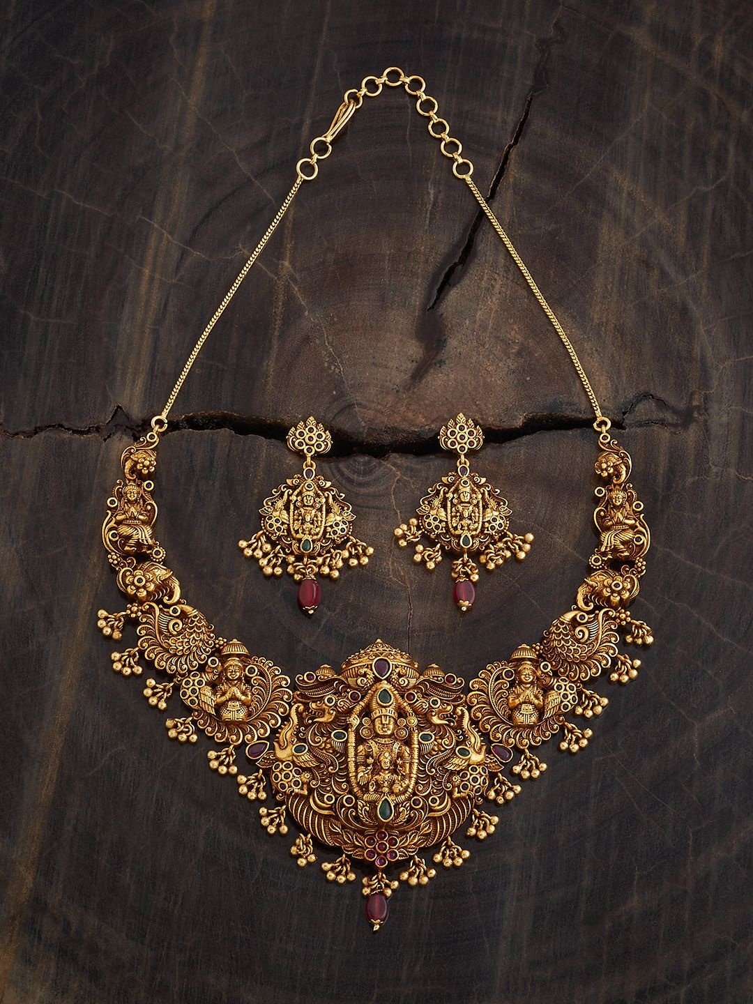 

Kushal's Fashion Jewellery Ruby-Green Gold-Plated Stone Studded & Beaded Antique Necklace