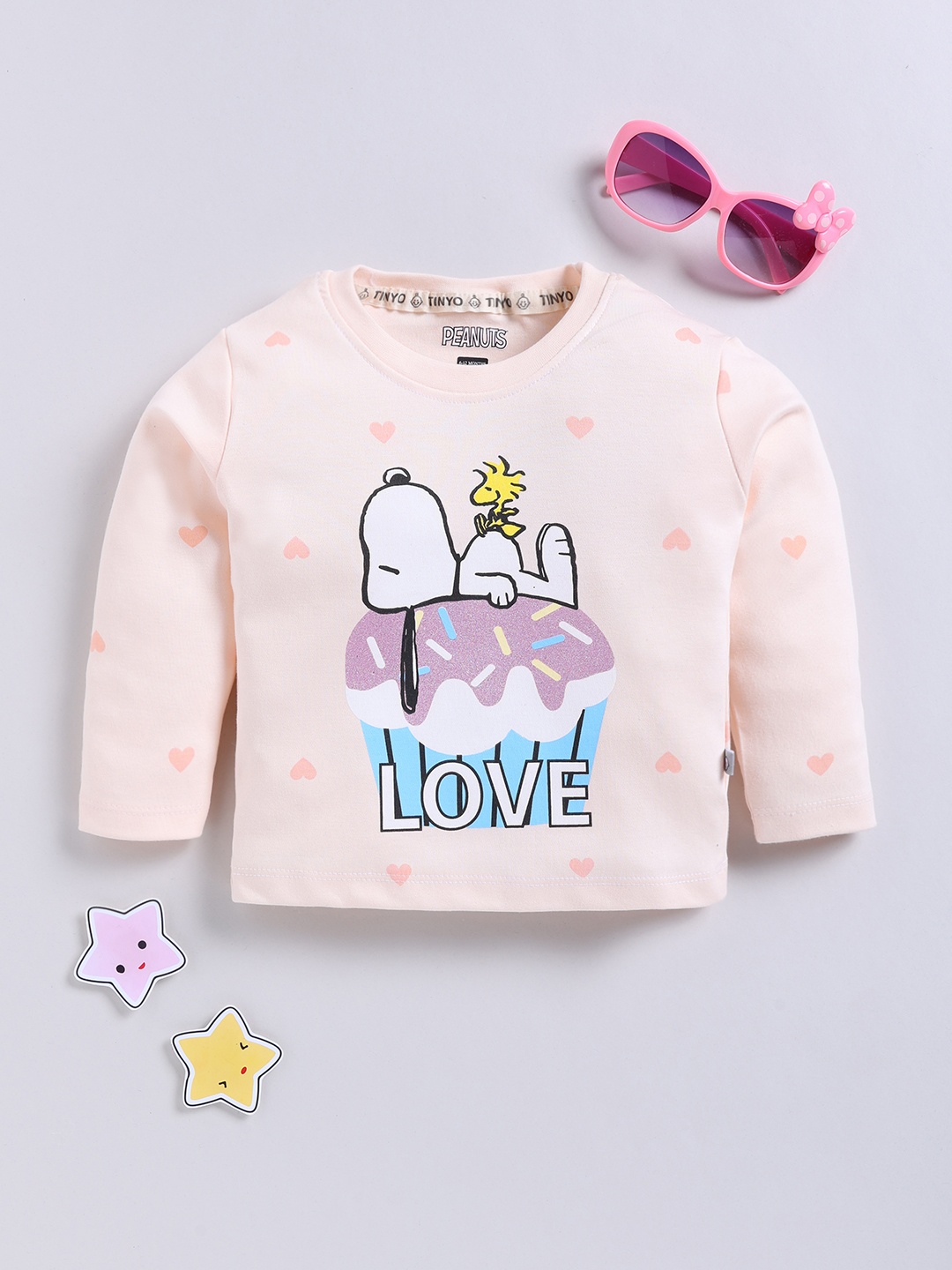 

YK X Tinyo Infant Girls Snoopy Printed Cotton T-shirt, Peach