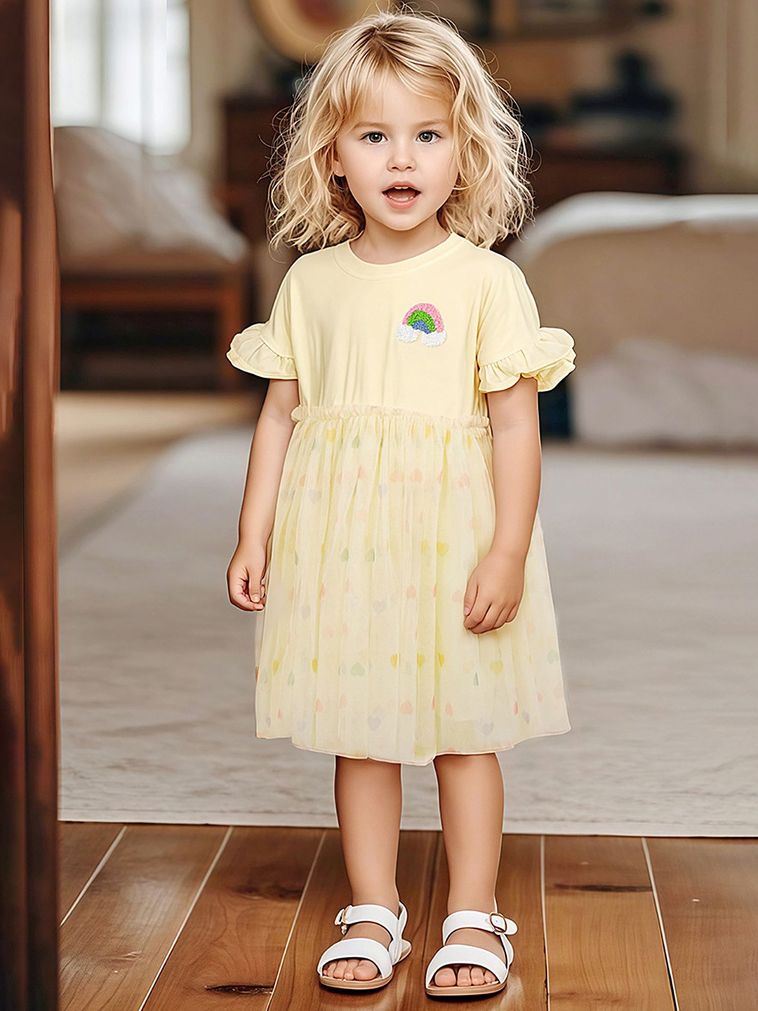 

LULU & SKY Girls Printed Flutter Sleeves Cotton Fit & Flare Dress, Yellow