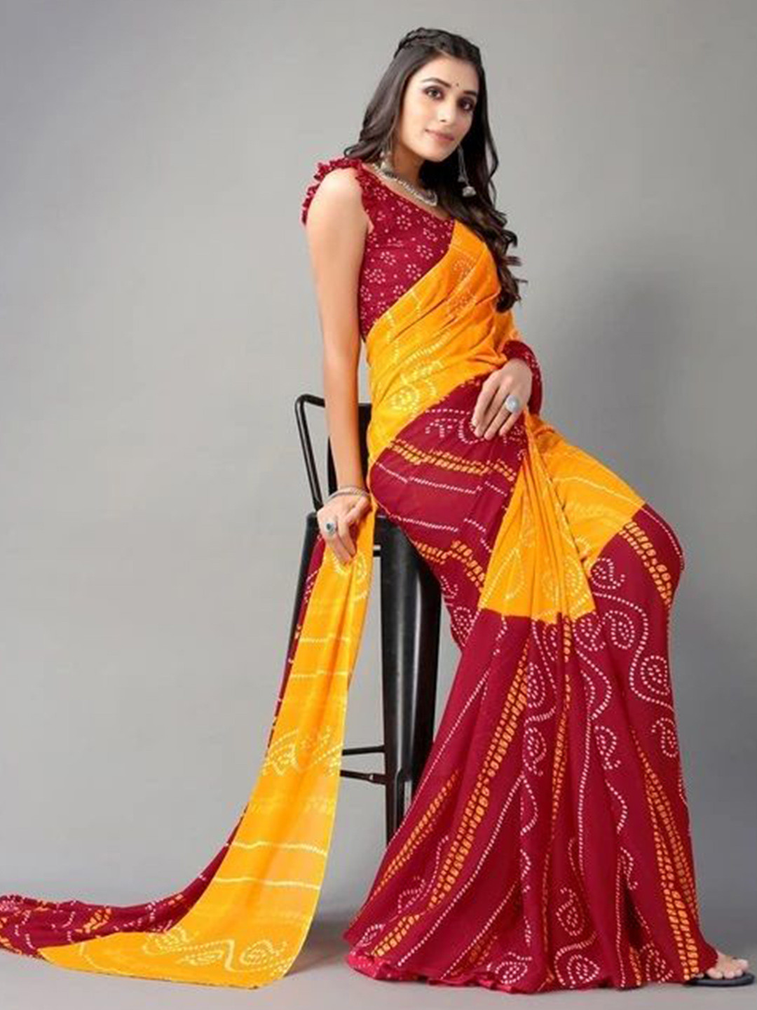 

Styleveda Bandhani Printed Block Print Saree, Yellow