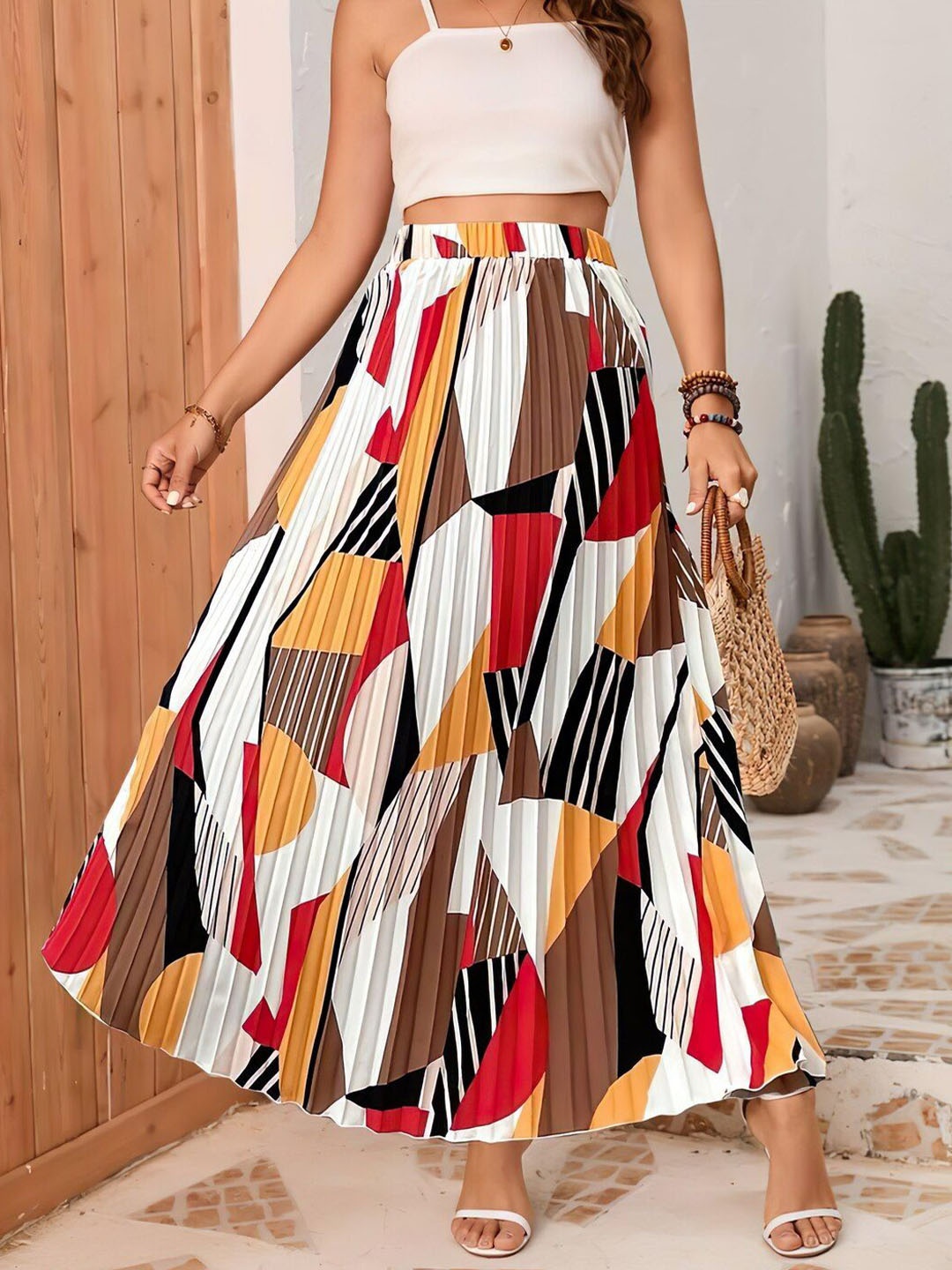 

ZWERLON Women Abstract Printed Flared Maxi Skirt, White