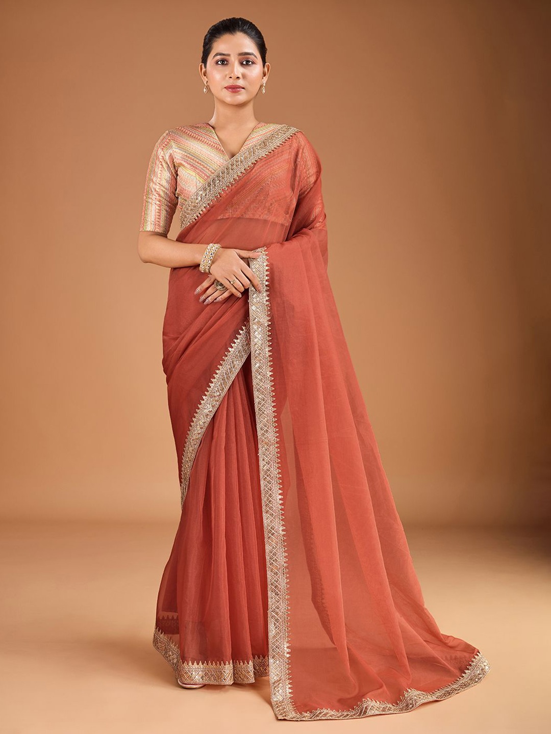 

House of Pataudi Embroidered Border Saree with Blouse, Rust