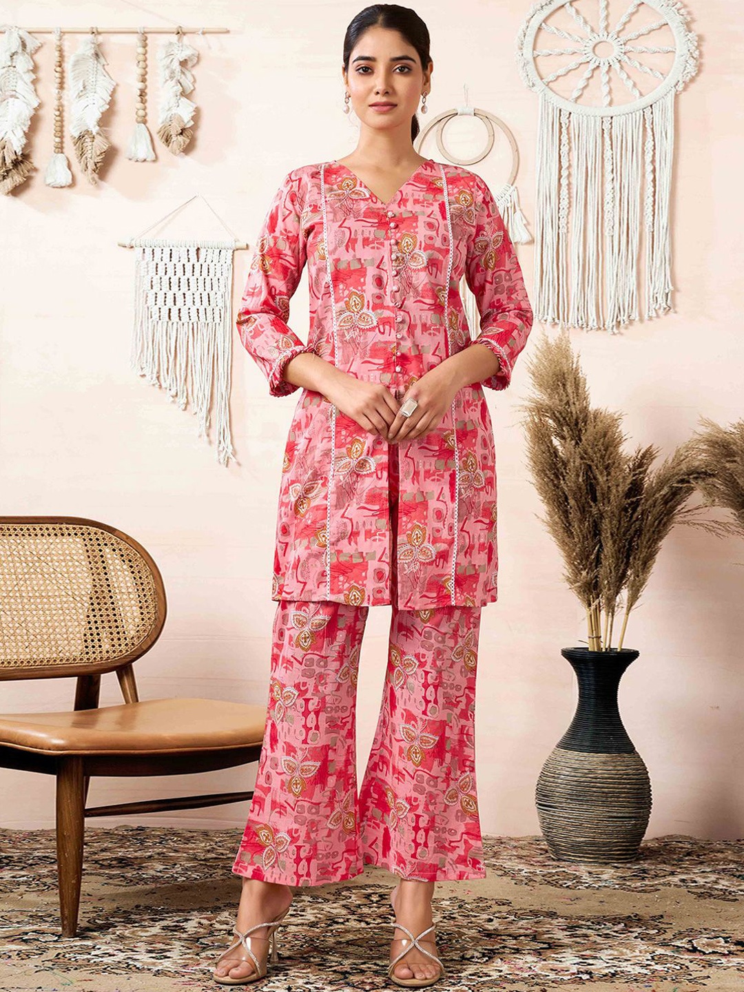 

Peachmode Floral Printed V-Neck Pure Cotton Tunic With Trousers, Peach