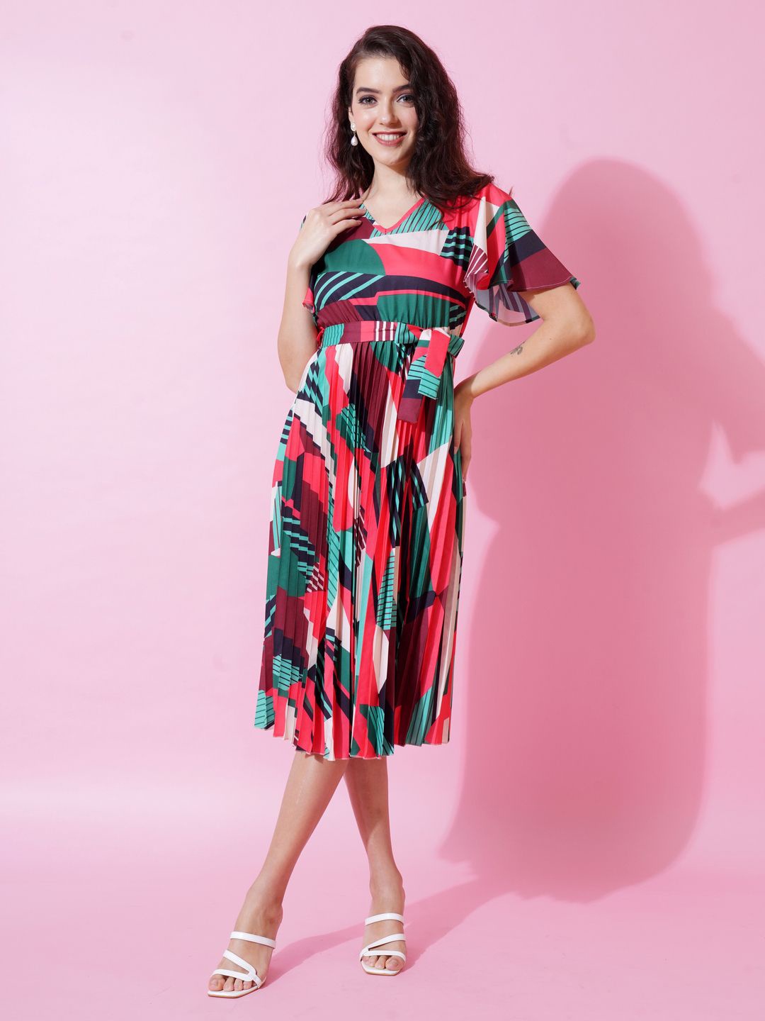 

ZWERLON Women Printed V-Neck Fit & Flare Midi Dress, Red