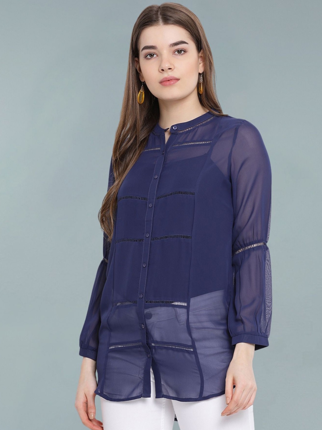 

Moda Elementi Women Solid Georgette Top, Navy blue