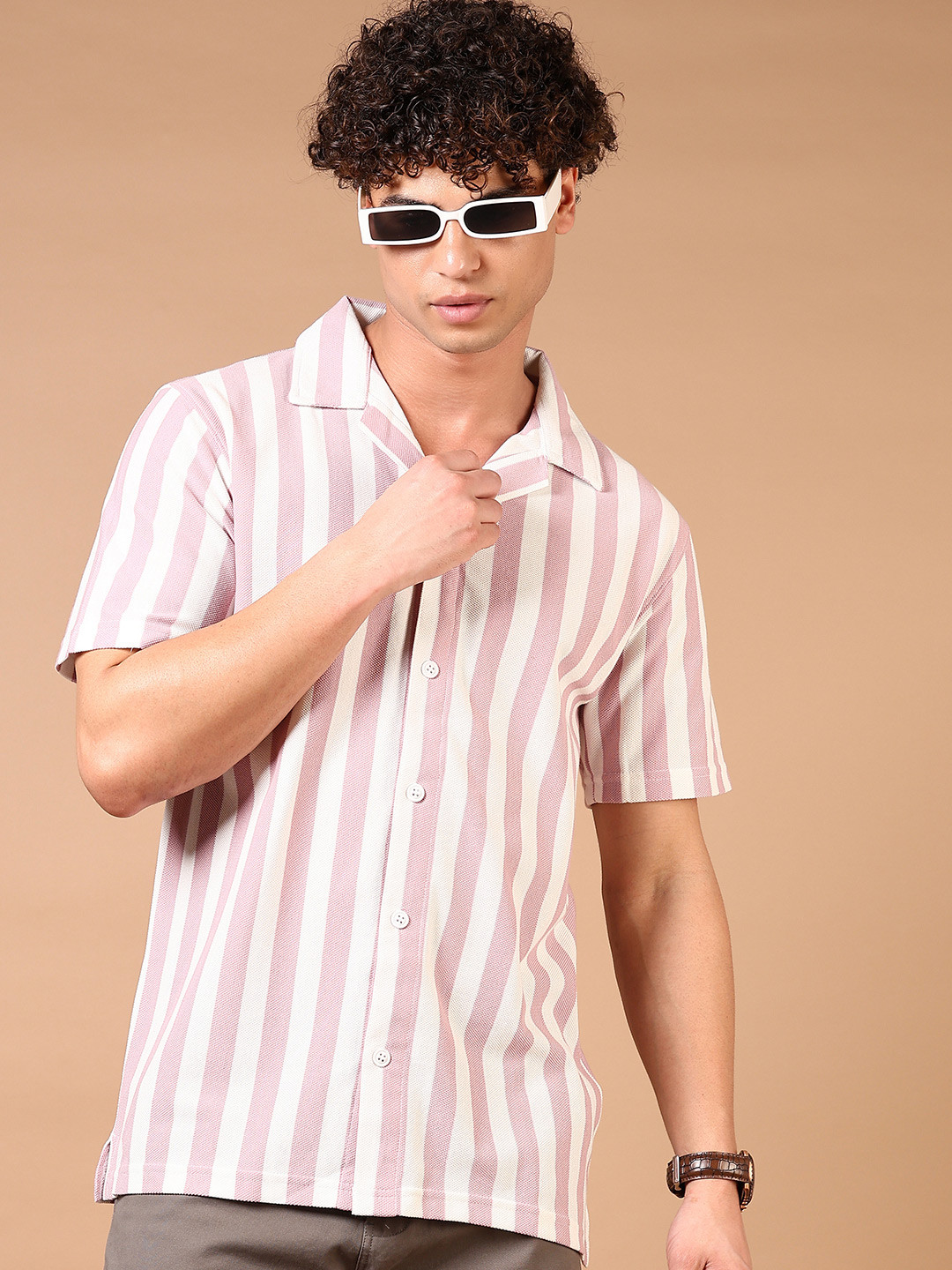 

V-Mart Men Cuban Collar Vertical Striped Cotton Casual Shirt, Pink